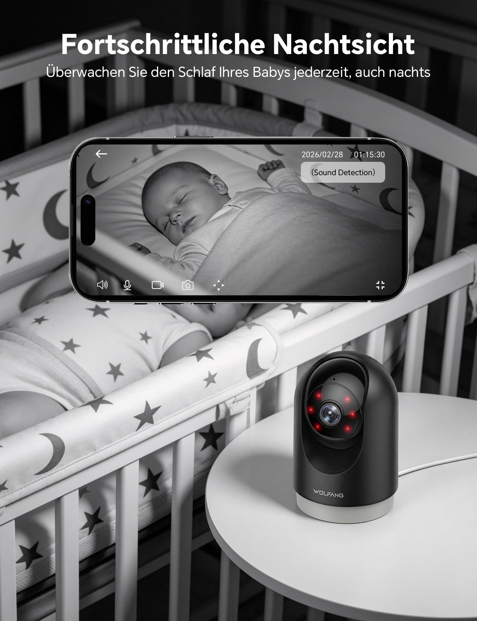 WOLFANG Überwachungskamera Innen 2K, WLAN Kamera Innen mit 360° PTZ, Auto-Tracking & Nachtsicht, Hundekamera mit 2-Wege-Audio, Kompatibel mit Alexa & Google Home