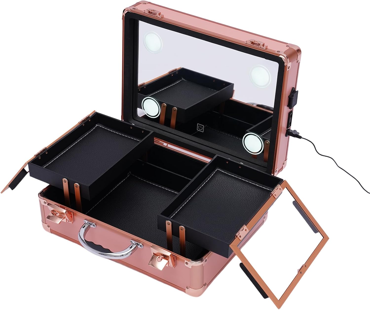 Makeup Train Case 14.6 Inch With 4 LED Lights and Mirror 12V Rechargeable Jack ABS Cosmetic Organizer Box Lockable Large Makeup Artist Organizer for Beauticians Rose Gold