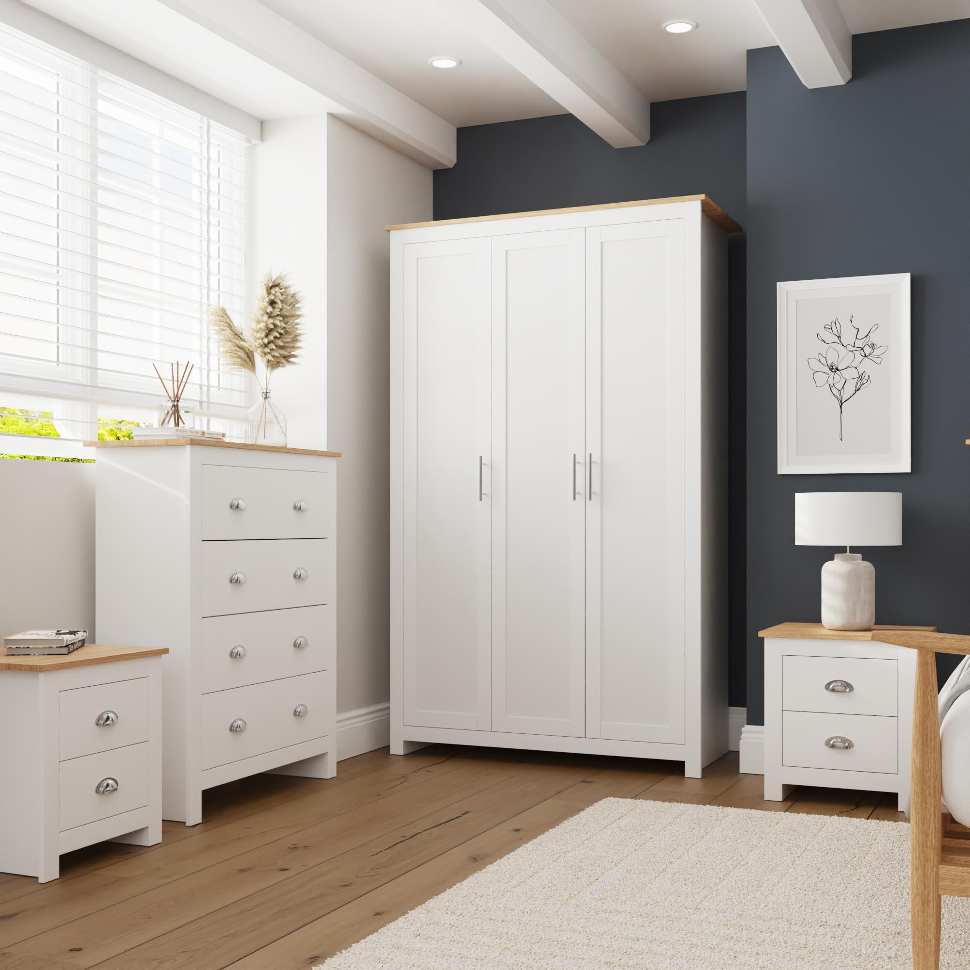 GFW Lancaster White & Oak 4 Piece Bedroom Furniture Set, Shaker Style Wardrobe, Chest of Drawers & Bedside Tables