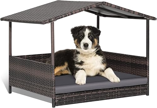 Miniatura 9 de Giantex Casa de mimbre para perro, cama elevada de ratán para perros con techo impermeable, funda de cojín lavable, marco de acero, cama elevada