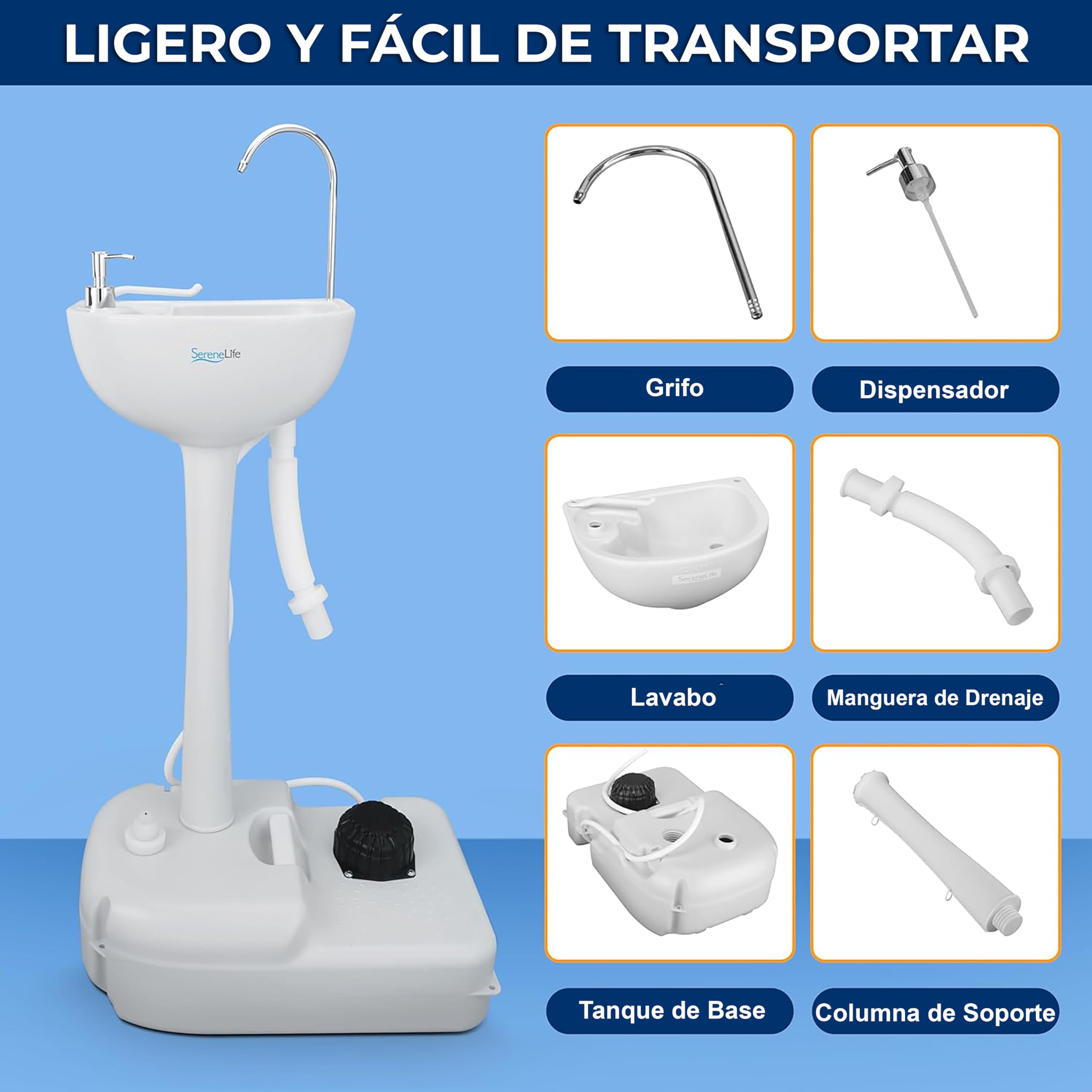 SereneLife lavamanos portatil, Lavabo, Camping, Fregadero, Dispensador de jabon, Porta toallas, Exteriores, Actividades al aire libre, Tanque de agua, Ruedas
