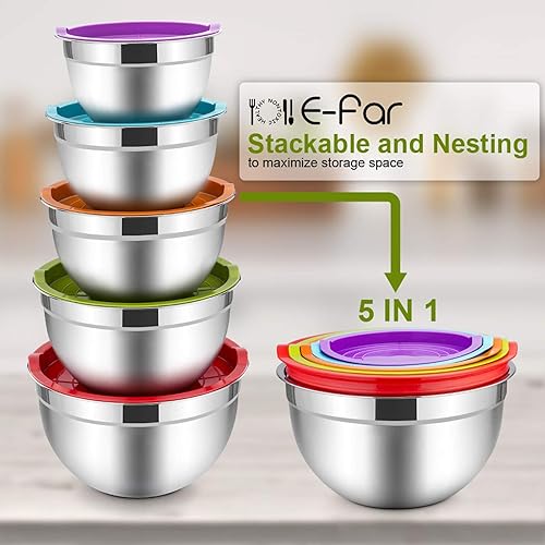 Miniatura 7 de E-far Juego de 5 tazones para mezclar con tapas, cuencos de acero inoxidable con tapas herméticas, no tóxicos y aptos para lavavajillas, ideales