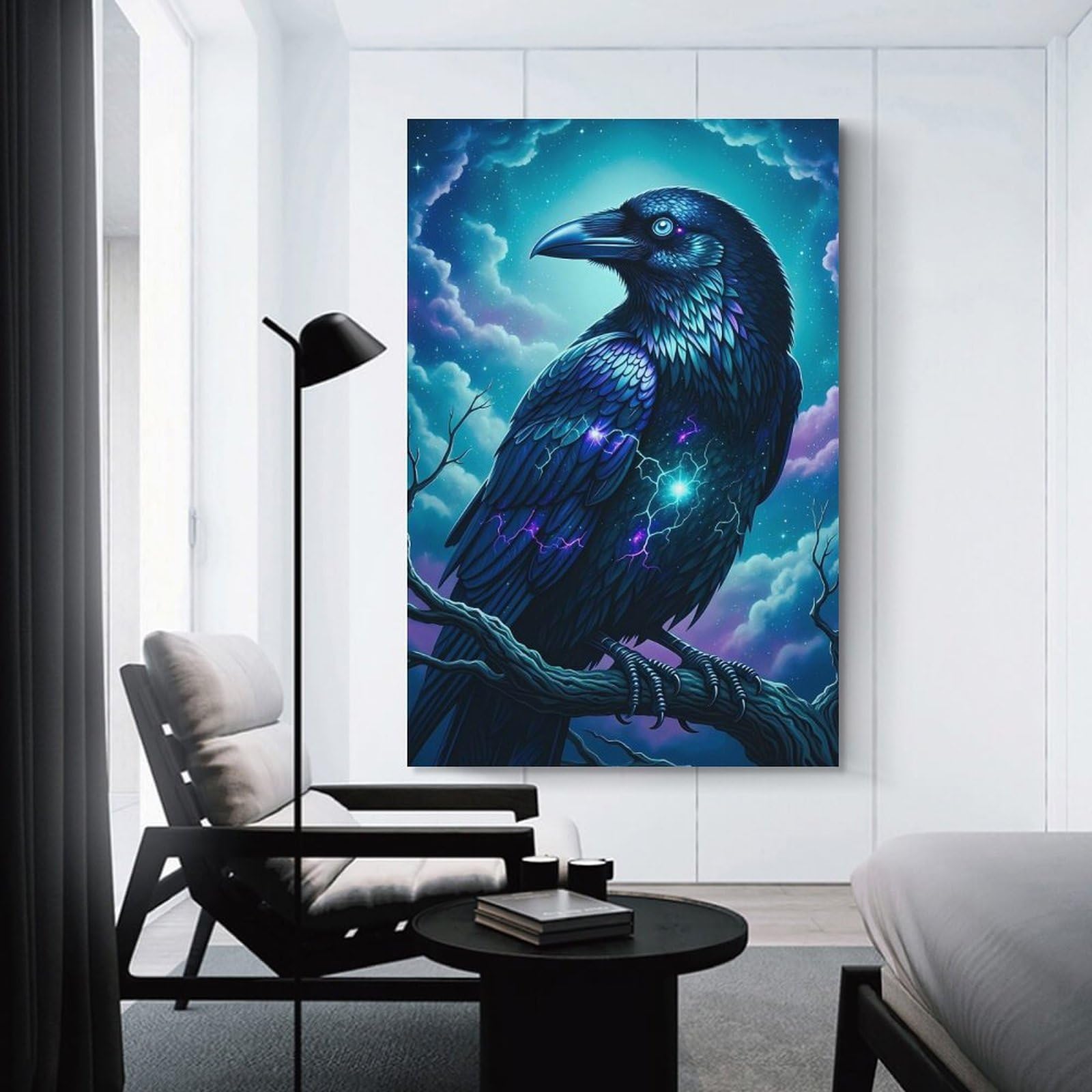 Junmoney Wall Decor Canvas Print Mystical Raven in Starry Night, 20x30inch(50x75cm), for Living Spaces, Bedrooms Or Relaxed Rooms, A Home Accent with Warm Character