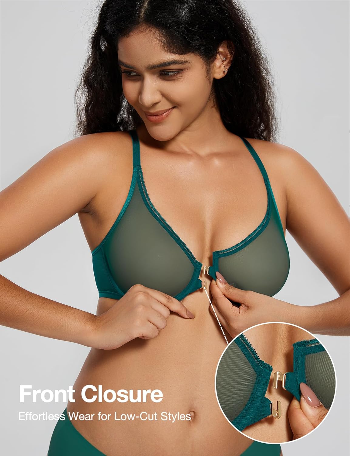 Deyllo Women's Front Closure Plunge Underwire Bra Mesh Unlined Racerback Bra for Everyday Wear - Image 2