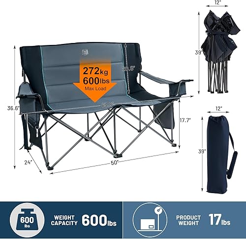 Miniatura 2 de TIMBER RIDGE Sillas de camping dobles de gran tamaño, sofá de campamento, sofá de dos plazas para 2 personas, silla de campamento plegable doble con