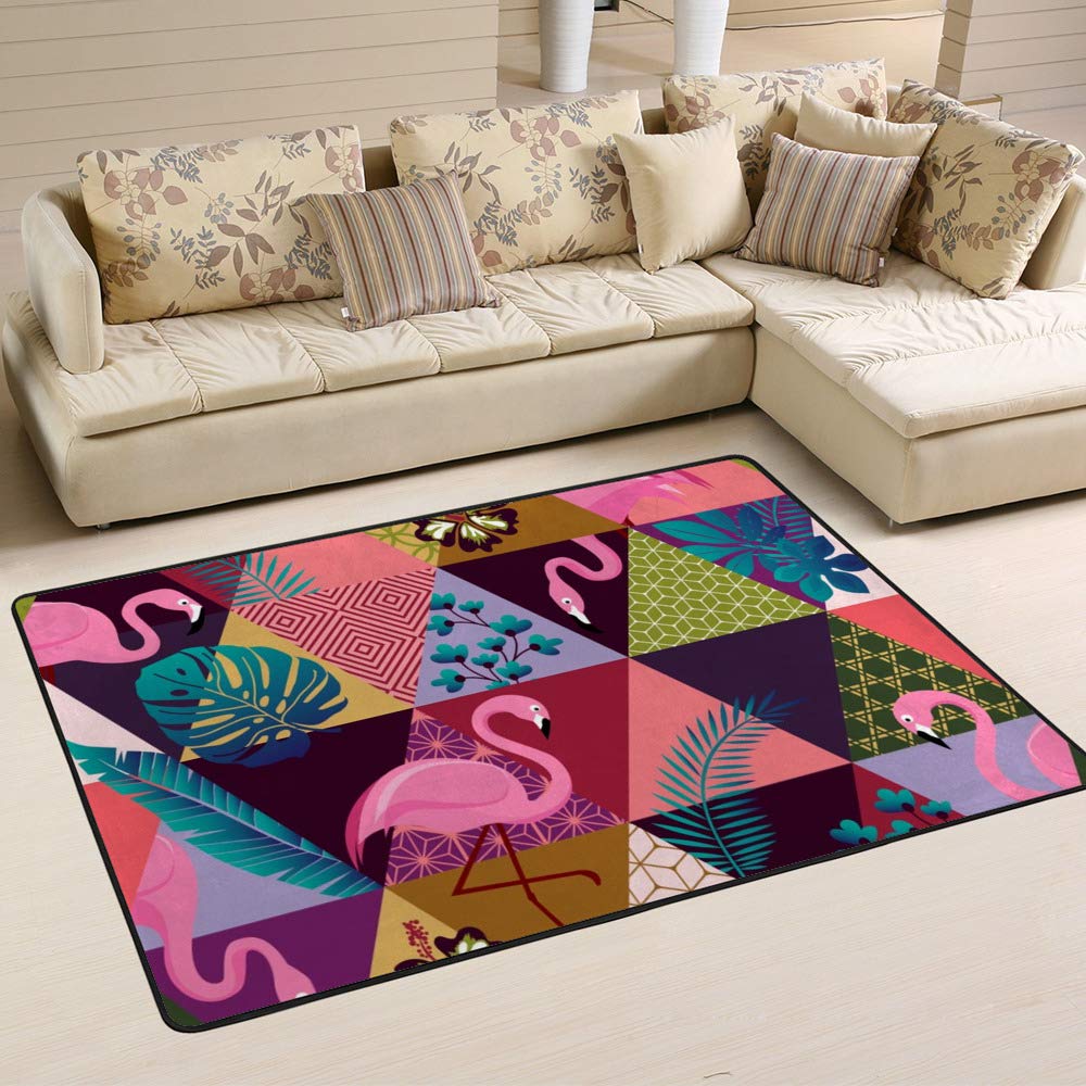 Tapis flamants roses coloré et lavable aux triangles géométriques