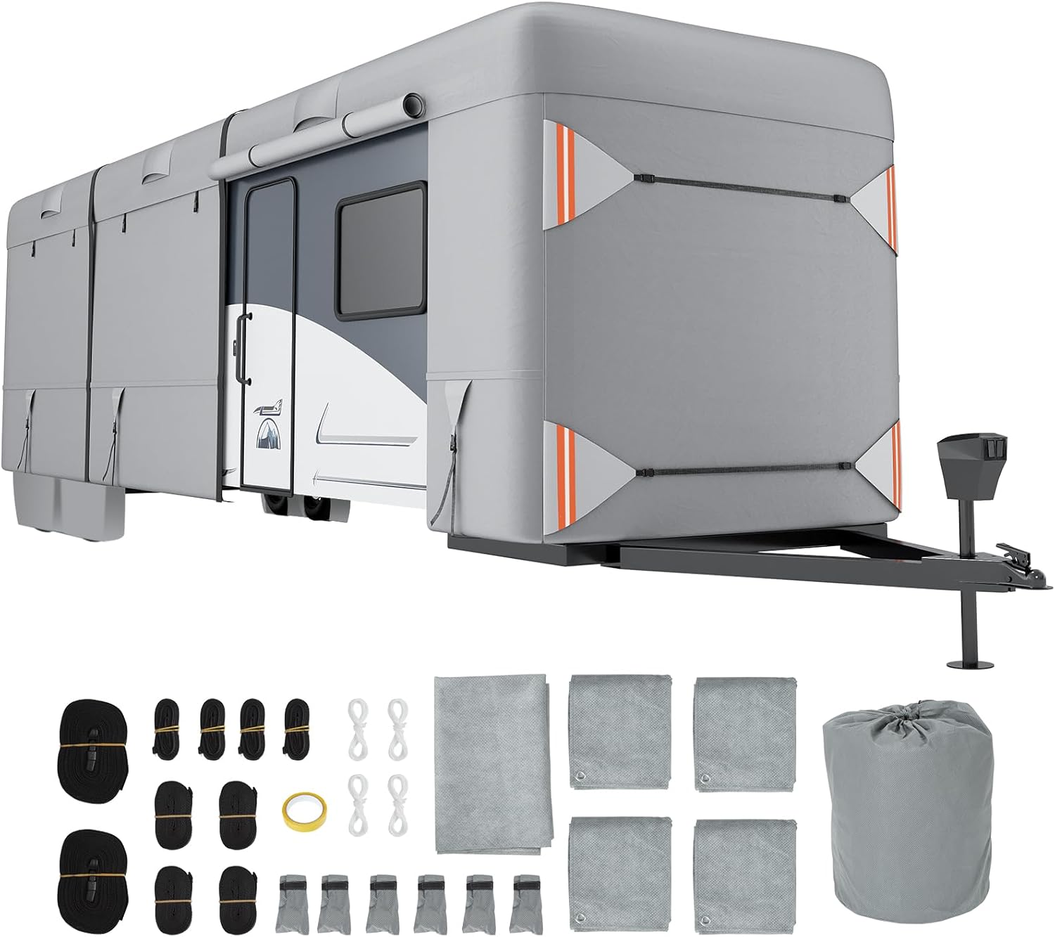 RV & Trailer Cover, Upgrade Waterproof Windproof RV Cover Fits for 27'-30', Heavy Duty Rip-Stop Camper Cover with 8 Straps Front and Back, Reflective Strips, Gutter Cover, Tire Cover, Grey