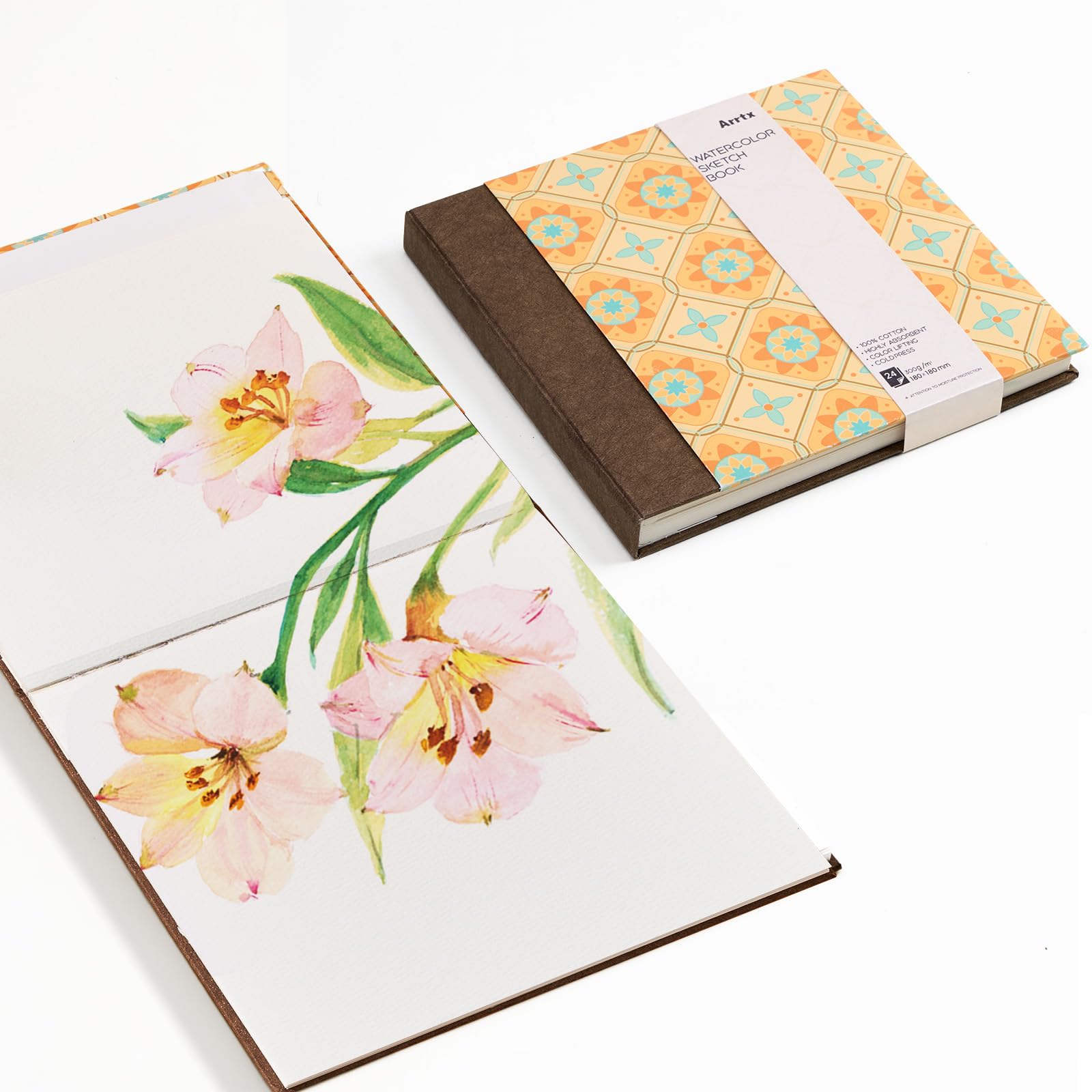 Arrtx Square Watercolor Paper Sketchbook, 7.09x7.09'', 140 LB, 300 GSM, 100% Cotton Paper, Cold Press, 24 Sheets, Hardcover Watercolor Journal for Use As Travel Notebook for Artists Adults Students