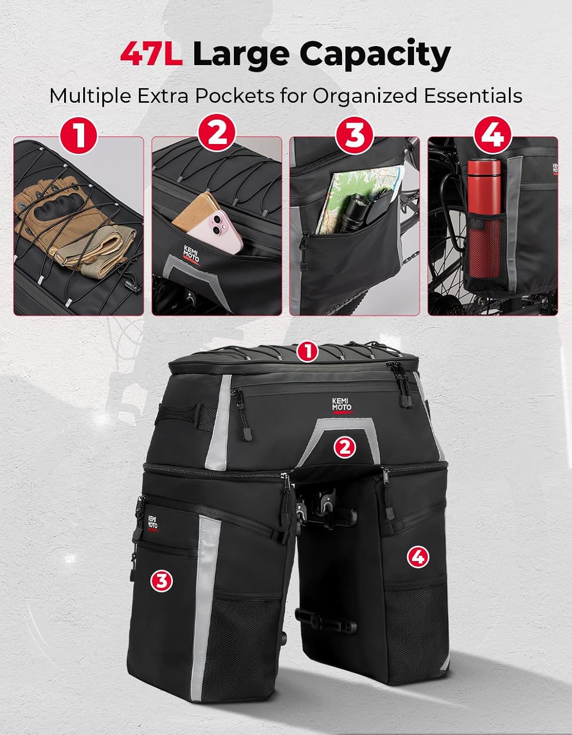 KEMIMOTO Bicycle Panniers Combo 4-in-1, Bike Saddle Cooler Bag with Waterproof Rain Cover, 47L Removable Insulated Cycling Rear Luggage for Warm or Cold Items for Traveling Camping Shopping Commuting - Image 5