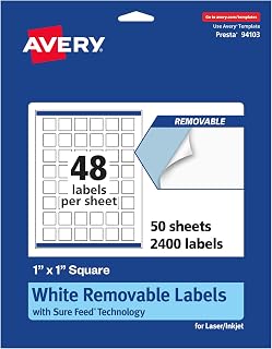 Avery® Matte White Removable Square Labels, Sure Feed® Technology, Print-to-The-Edge, 1" x 1", 2,400 Removable Labels, Laser/Inkjet Printable