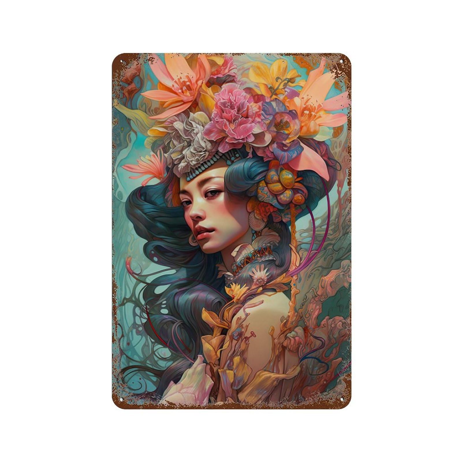 Fantasy Floral Fusion Rust Effect Tin Sign 11.8"x7.9", Industrial Home Decor for Garage, Pub Or Kitchen