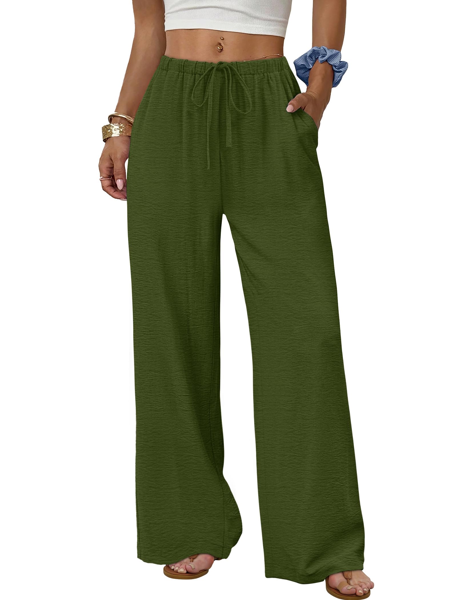 Sampeel Wide Leg Pants for Women Flowy Palazzo Drawstring Elastic Waist Trousers with Pockets Summer Beach Vacation Clothes — view 26