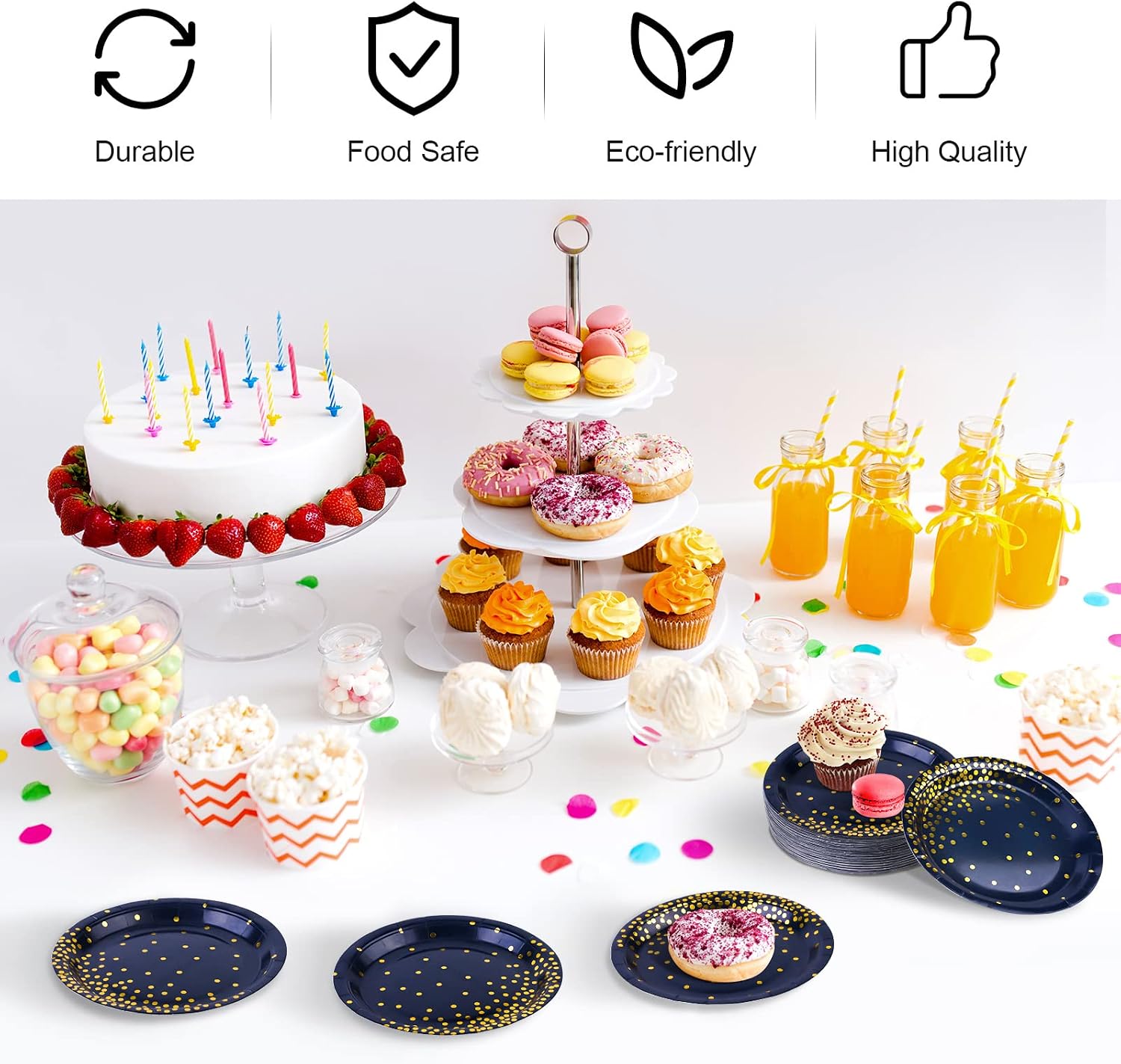 Aneco 60 Pieces 7 Inches Disposable Paper Plates Navy Blue Plate Blue and Gold Foil Dot Dessert Plate Round Paper Plates for Wedding Bridal Shower Birthday Party Decorations image 5