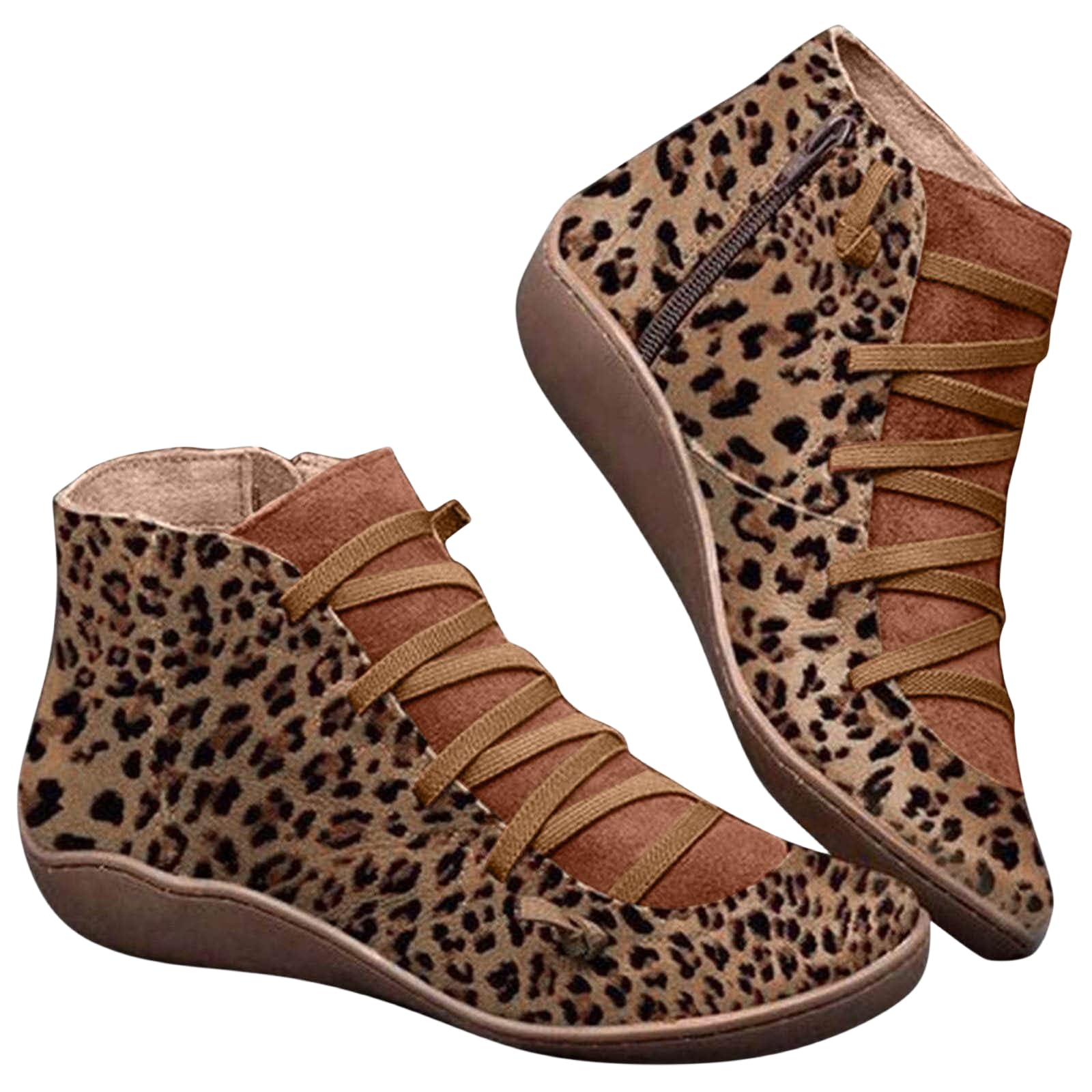 Womens Leopard print Boots Waterproof Ankle Boots Chelsea Low Heel Booties Comfortable PU Leather Shoes Lace Up Lightweight