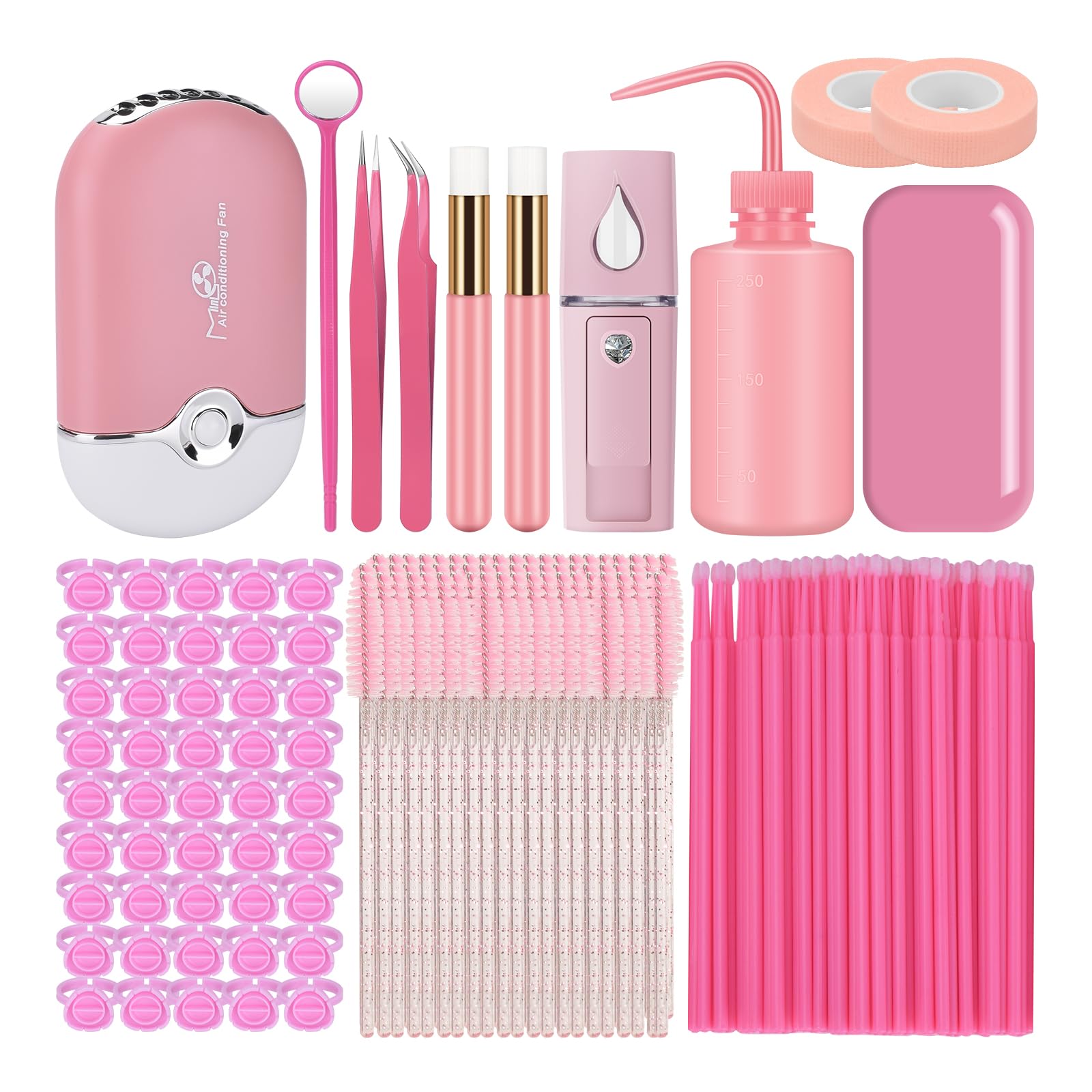 ATOMUS Kit de extensión de pestañas kit de cepillo de pestañas rosa microclaser aire acondicionado USB secador de pelo pinzas faciales espejo de pestañas botella de cepillo de pestañas