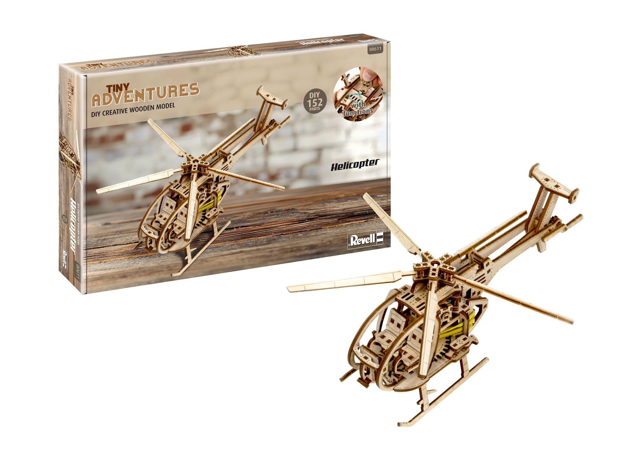 Revell 00611 - Tiny Adventures - Helicopter - 1:30 Scale Wooden Model Kit - with Pull Back & Go Engine - Rotor Width 30cm