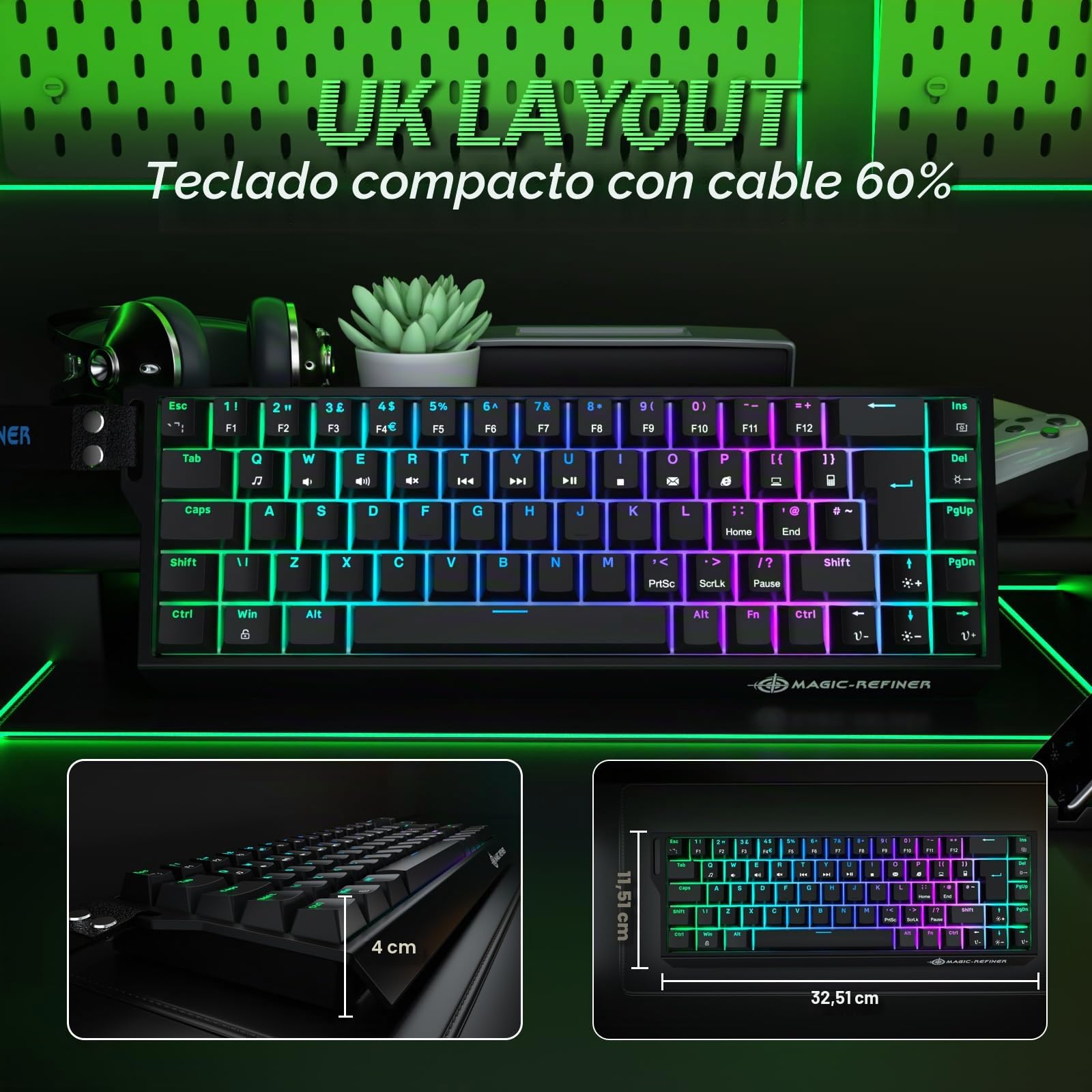 LexonElec Magic-Refiner X68 HE Teclado Mecánico 8000Hz Rapid Trigger, QWERTY Layout Compact 60%, Precisión RT de 0,04mm, Wired RGB Gaming Keyboard, Magnetic Switch, Activación Ajustable, Negro