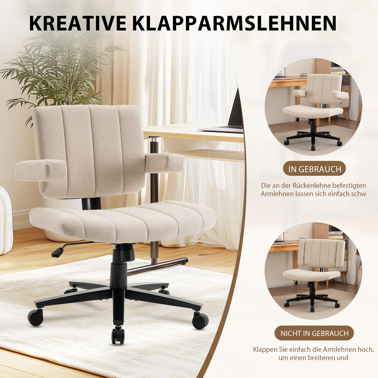 Vigosit silla cruzada Criss Cross con ruedas, reposabrazos ajustables, tela antiagarre, cojín cómodo, estilo moderno, silla giratoria para oficina en casa