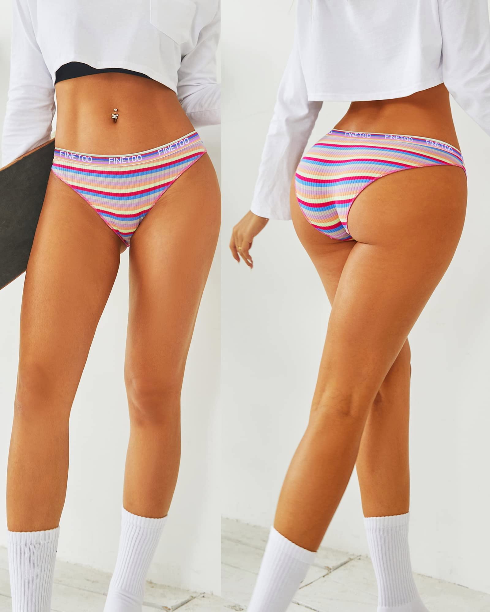 FINETOO Confezione da 5 Slip da Donna in Cotone, Biancheria Intima da Donna, Arcobaleno, Sport, Hipster, Sexy, con Logo, Biancheria Intima Sportiva, Morbida, Cintura Sportiva