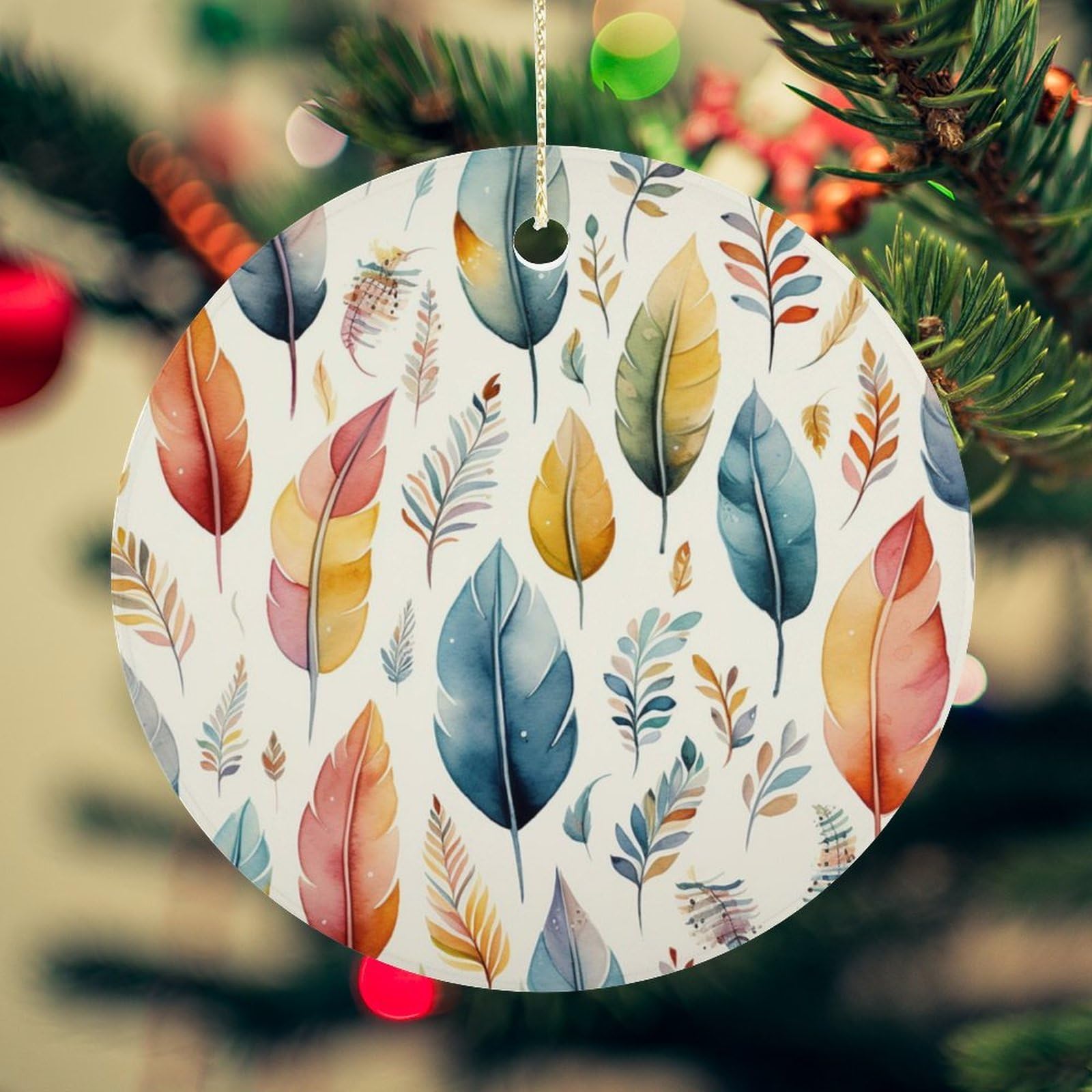 Feathers and Leaves Christmas Ornament for Christmas Tree Ceramic Round Ornament Winter Holiday Keepsake Gift 2.7" Christmas Tree Hanging Decorations Circle Ceramic Pendant Xmas Gift