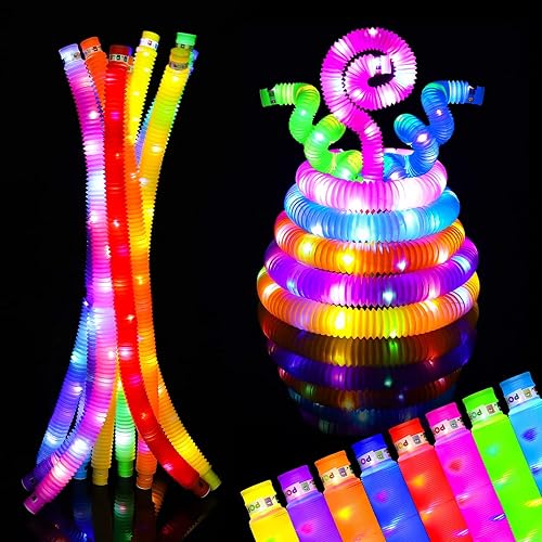 Toyshine LED Flashing Pop Tube Fidget Toy 6 Pcs - Fun Pull and Pop Sensory Toys for Kids Adults - Stretch and Bend ADHD Autism Anxiety Stress Relief - Great Gift Party Prizes,Multicolour