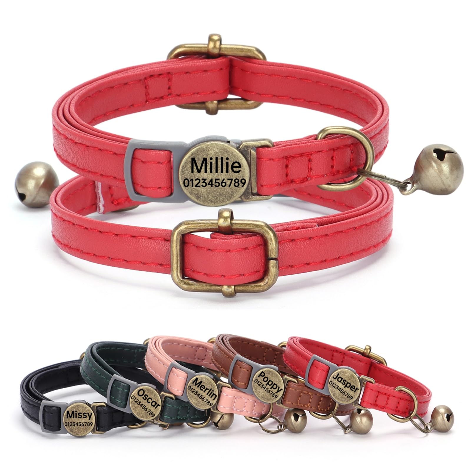 SEOUGEE Genuine Leather Cat Collar Quick Release with Personalised Name Tag, breakaway Kitten Collars with Removable Bells & Safety Release, Engraved buckle, 19-30 CM Adjustable, Vintage Red