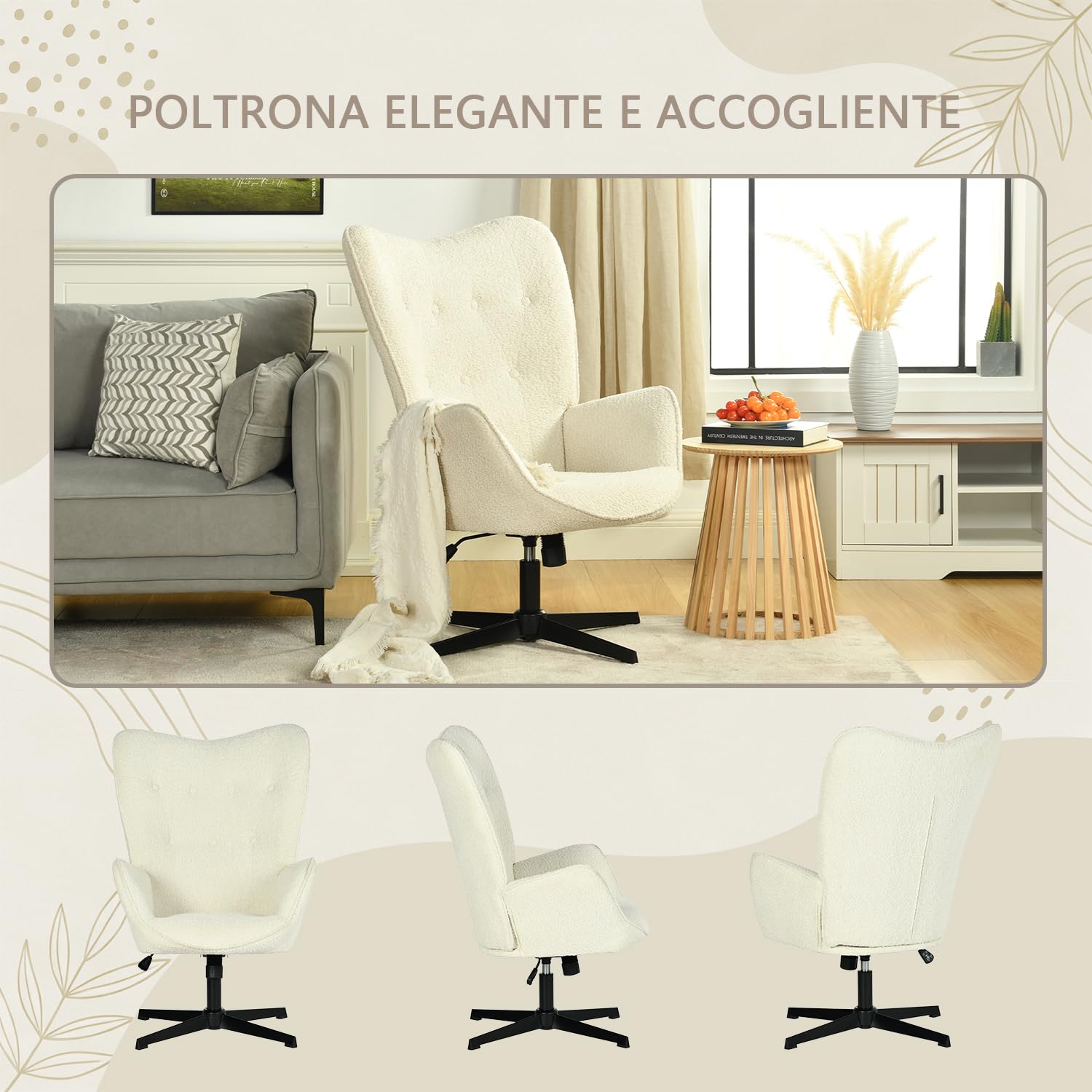 MEUBLE COSY Poltrona Imbottita Girevole Regolabile in Altezza, Sedia da Salotto Funzione di Inclinazione Libera, Poltroncina Relax con Schienale Alto in Tessuto Chenille, Beige