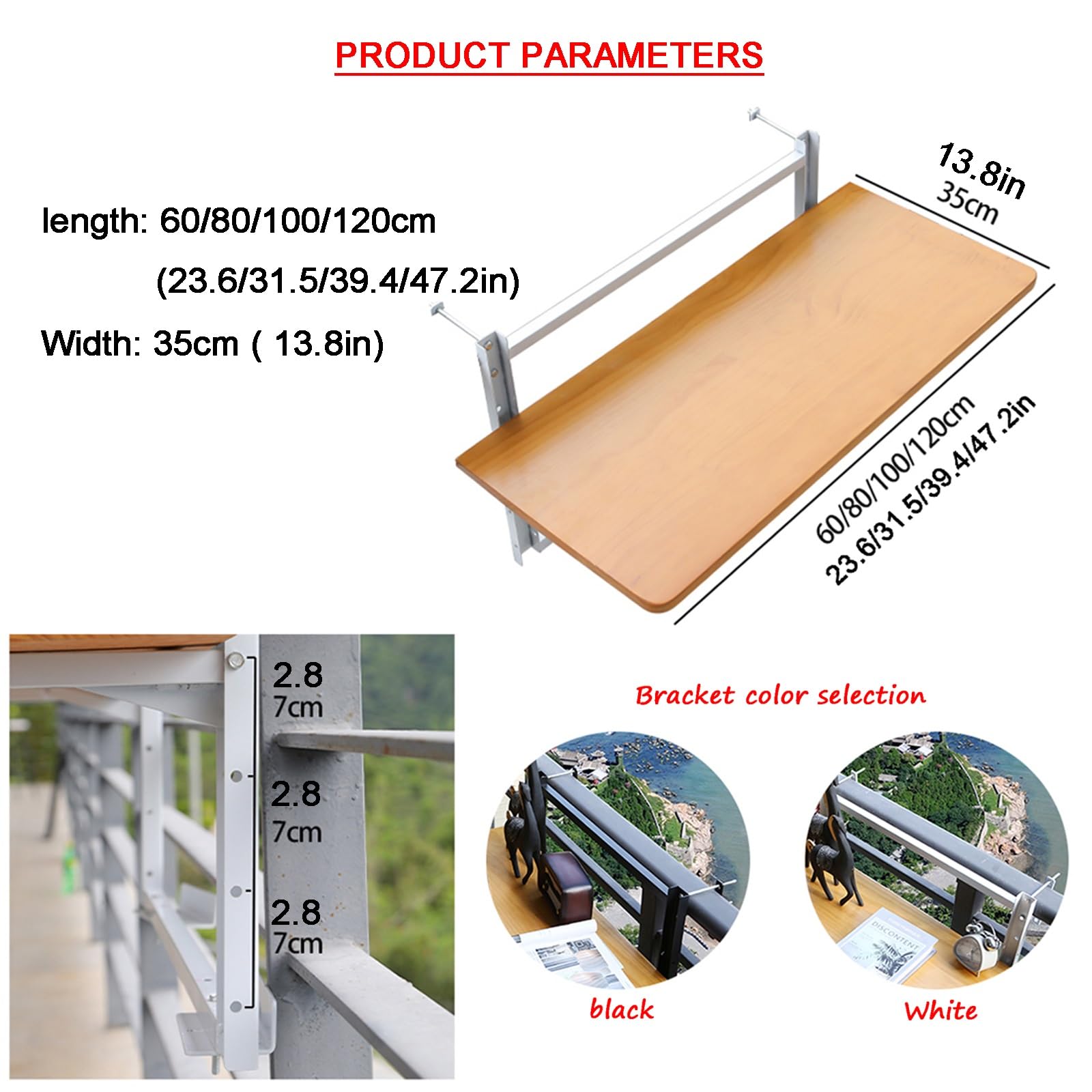 Generico Tavolo Regolabile per ringhiera da Balcone Esterno - Tavolo da Bar Pieghevole a 4 Livelli di Altezza per Giardino e Veranda - Tavolo Nero per ringhiera (100 x 35 cm)