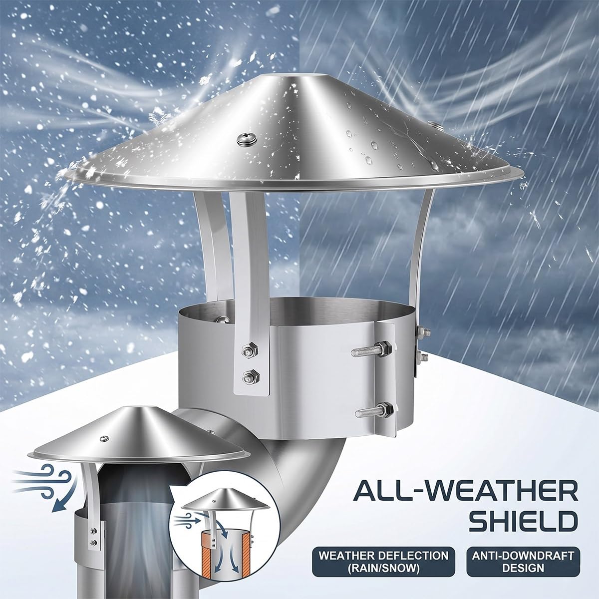 Copertura Per Camino Comignolo Antipioggia Cappuccio Acciaio Inox Tetto Sfiato Aria Canna Fumaria Scarico Fumi Stufa Legna Caldaia Cappello Esterno Resistente Alle Intemperie(220mm)