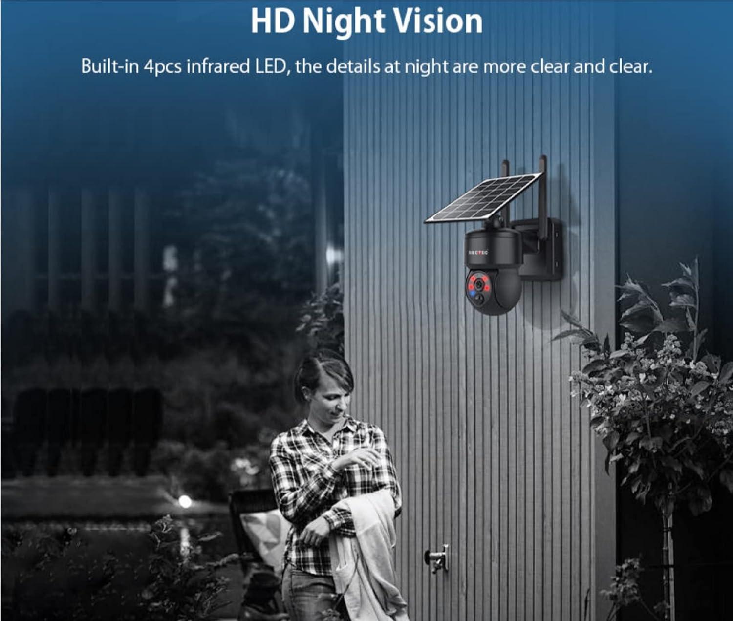Image showing the camera mounted on a wall at night, with a person visible in the infrared light, demonstrating HD Night Vision
