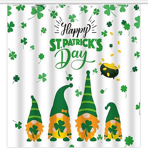 gisgfim Cortina de ducha para el día de San Patricio gnomo irlandés trébol verde cortina de ducha para el día de San Patricio cortina de baño de
