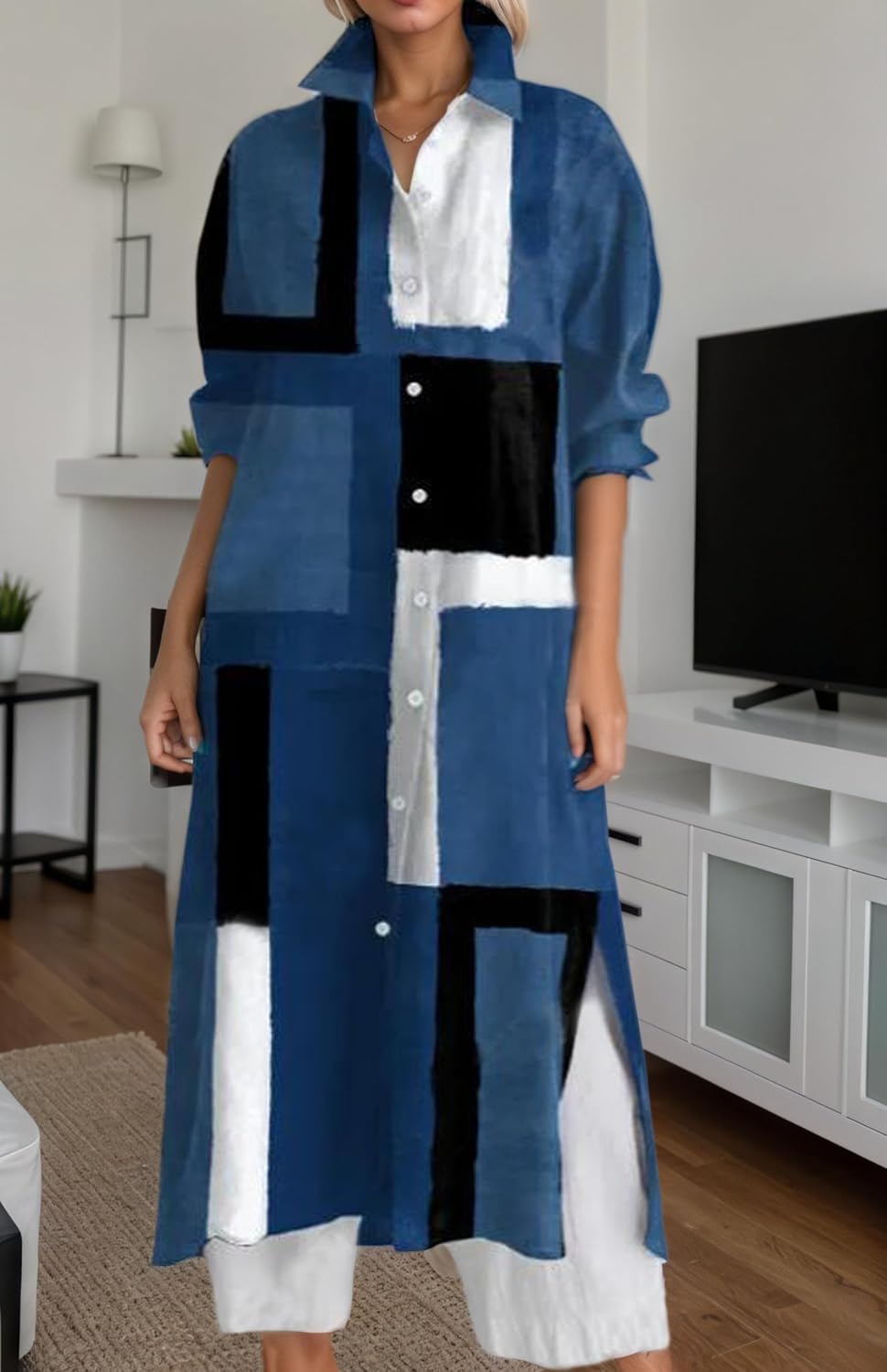 Womens Geometric Floral Front Button Down Maxi Dresses Spring Summer Casual High Lapel Neck Long Sleeve Shirt Dress - Image 2