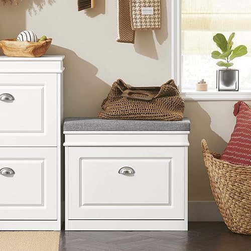 Haotian White Hallway Shoe Bench, Narrow Shoe Rack Entryway, Small Shoe Cabinet with 1 Flip-Drawer and Seat Cushion, FSR82-K-W Blanco,Negro