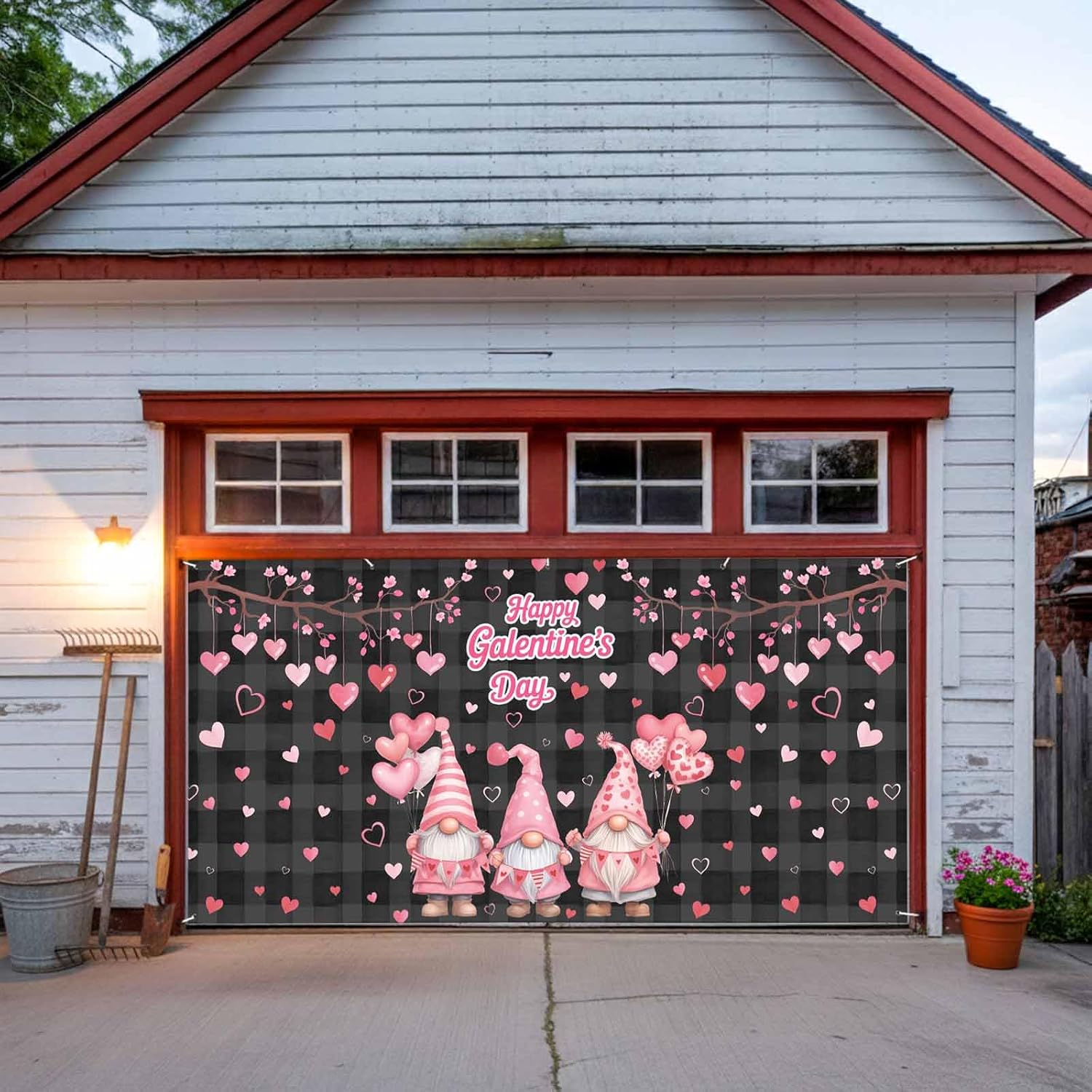 Buddy Festival Dwarfs 7 x 16 ft Garage Door Cover Pink Love Trees Balloons Black Plaid Large Decorations Waterproof Banner for Holiday Outdoor Decor