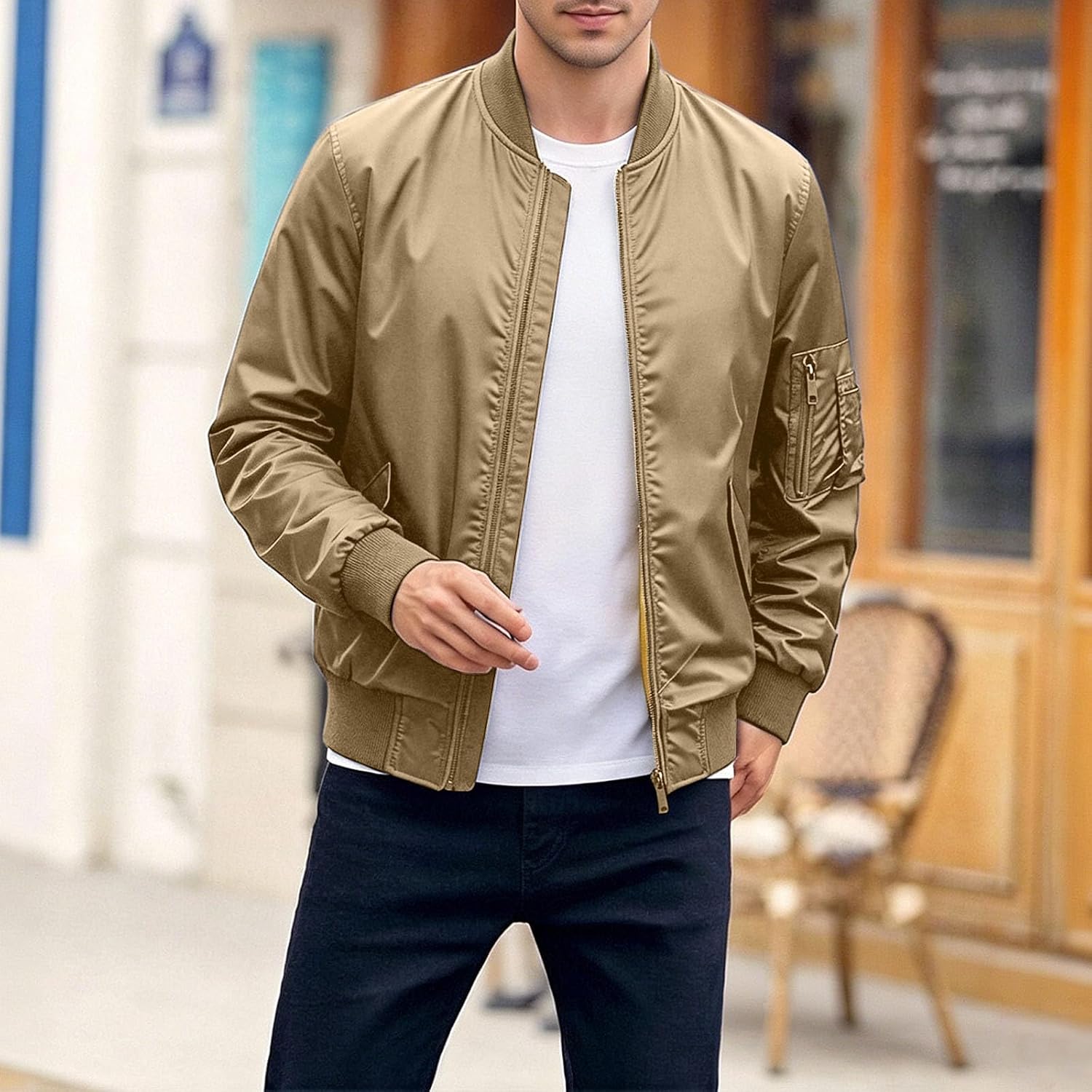 Men Stand Collar Bomber Jacket Elastic Cuff Long Sleeve Zip Up Solid Coat Fashion Casual Fall Winter Work Outerwear