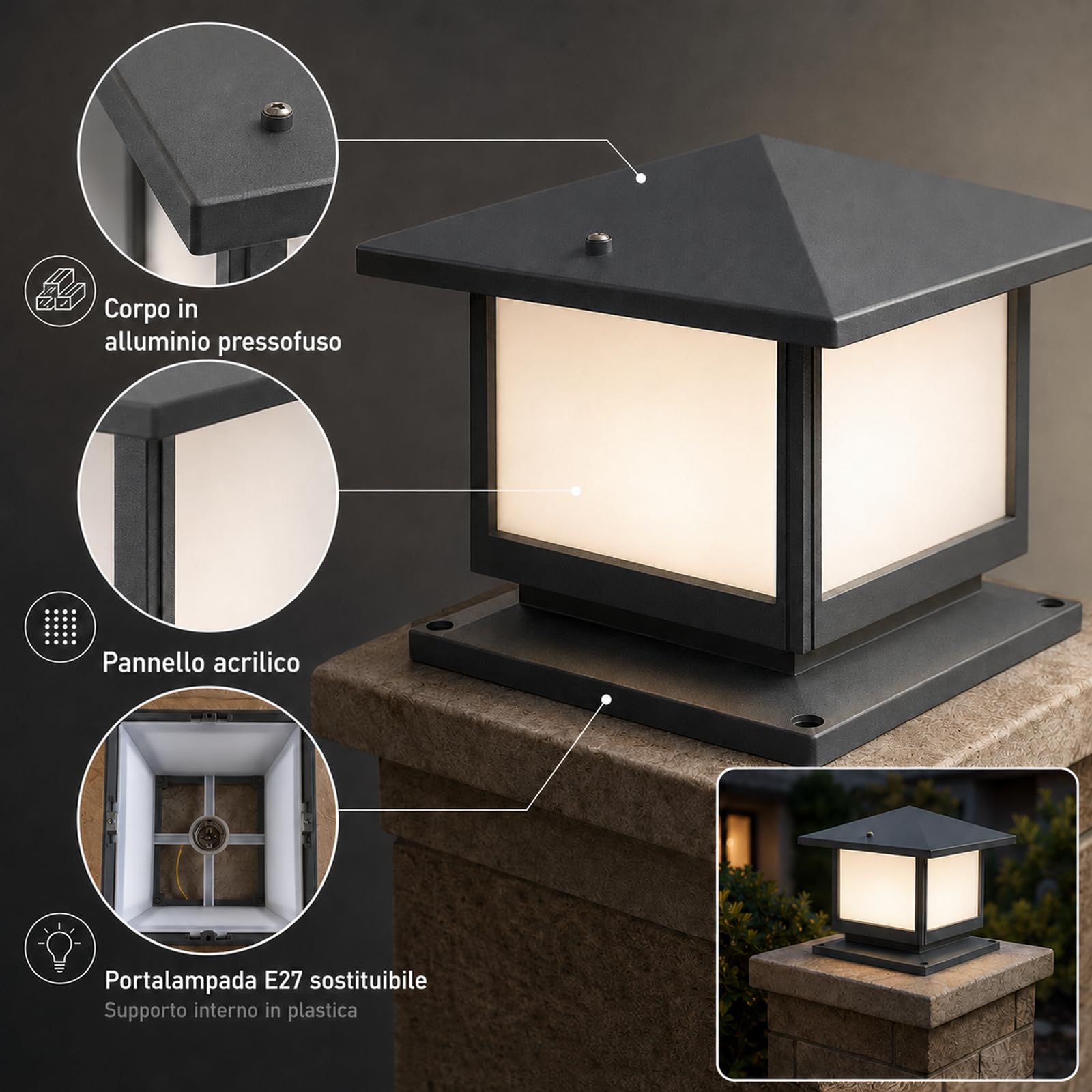 Lampione da Giardino Esterno E27 con Lampadina LED 12W Inclusa, 3 Colori 3000K/4500K/6000K, Lampioncino da Esterno in Alluminio IP45, per Vialetto Patio Terrazza, Grigio