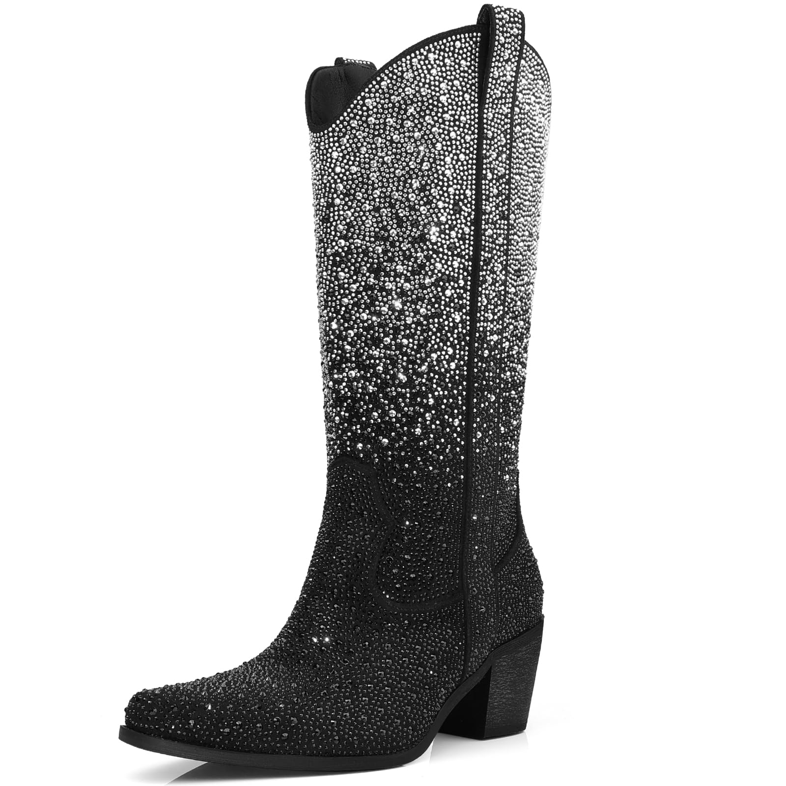 DANAZANA Knee High Cowgirl Boots Women Wide Calf Rhinestones Cowboy Boots Lady Pointed Toe Chunky Heel Embroidered Sparkly Boot With Side Half Zip