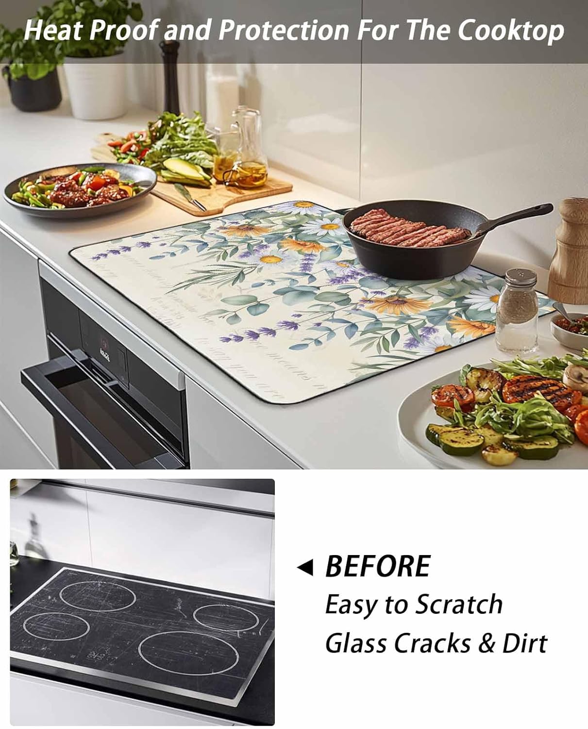 Stove Cover for Electric Stove 24x21 Inch Eucalyptus Leaves Daisy Stove Top Cover Flowers Leaf Beige Glass Cooktop Covers Anti-Slip & Heat Resistant Countertop Protector Home Kitchen Decor