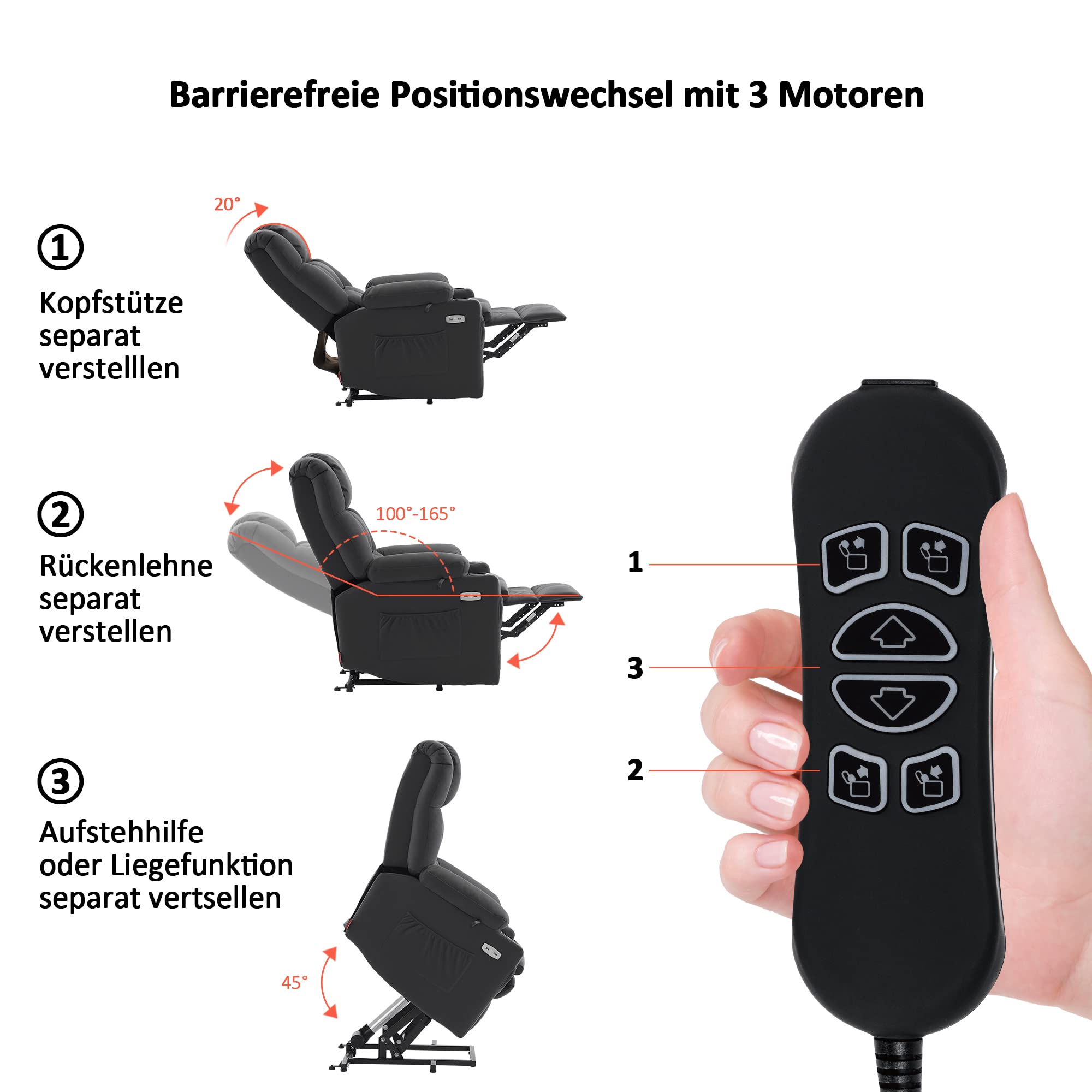 M MCombo Fauteuil TV 3-Moteurs avec Aide au Relèvement Électrique, Dossier, Appuie-Tête & Repose-Pieds Réglables Séparément, Fonction Allongée 165° 7546 (Microfibre-Gris foncé)