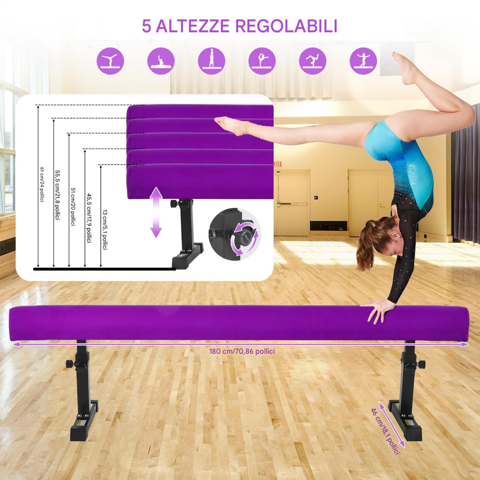Trave ginnastica artistica per casa 5 Altezza regolabile Trave di equilibrio per bambini Capacità di carico 50 kg Traves ginnastica artistica 180cm di lunghezza Attrezzatura per l'allenamento Beam Gym