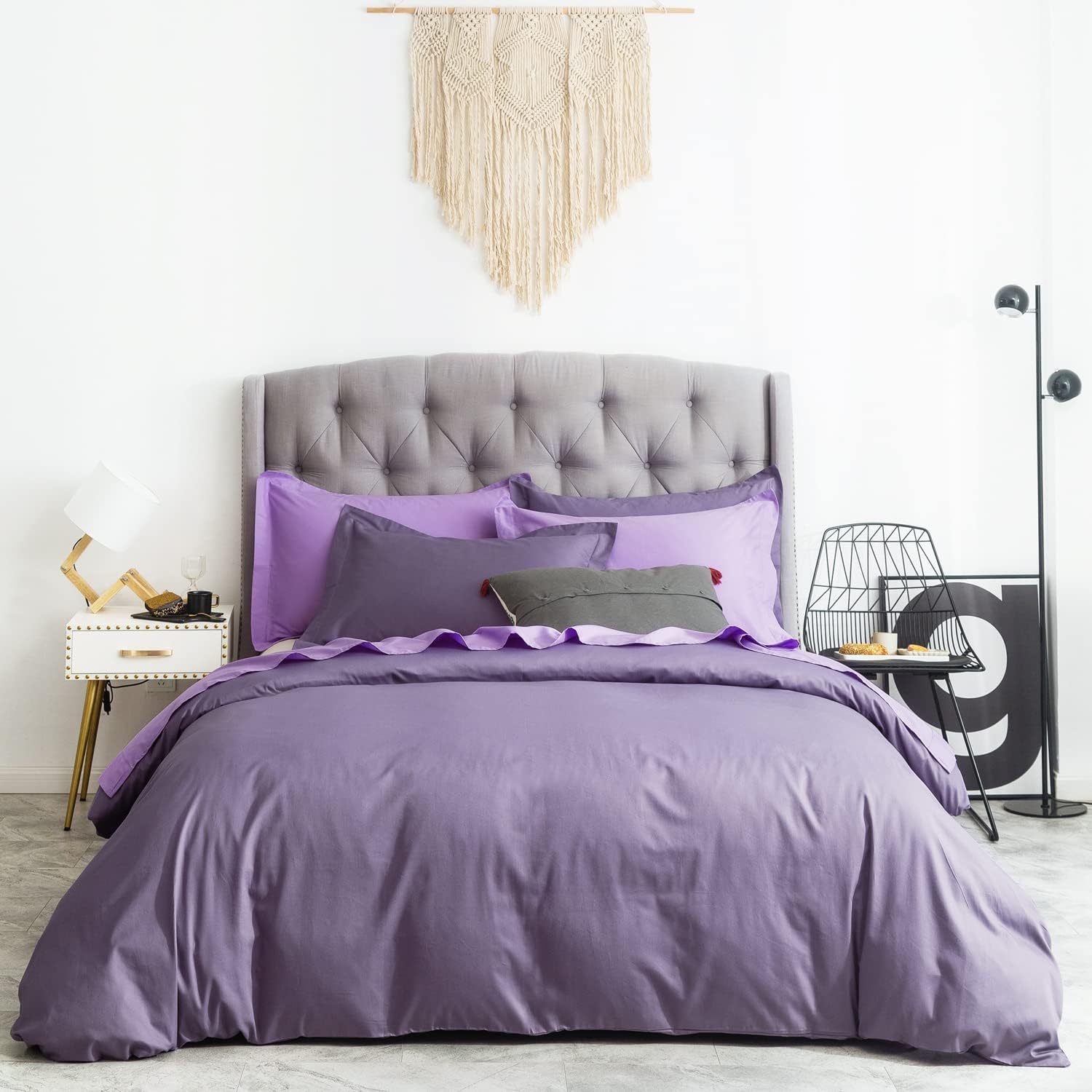 SUSYBAO Purple Duvet Cover Queen 100% Cotton 3 Pcs Set 1 Romantic Lavender Purple Duvet Cover with Zipper Ties 2 Pillow Shams Vintage Farmhouse Lilac Color Bedding Set Soft