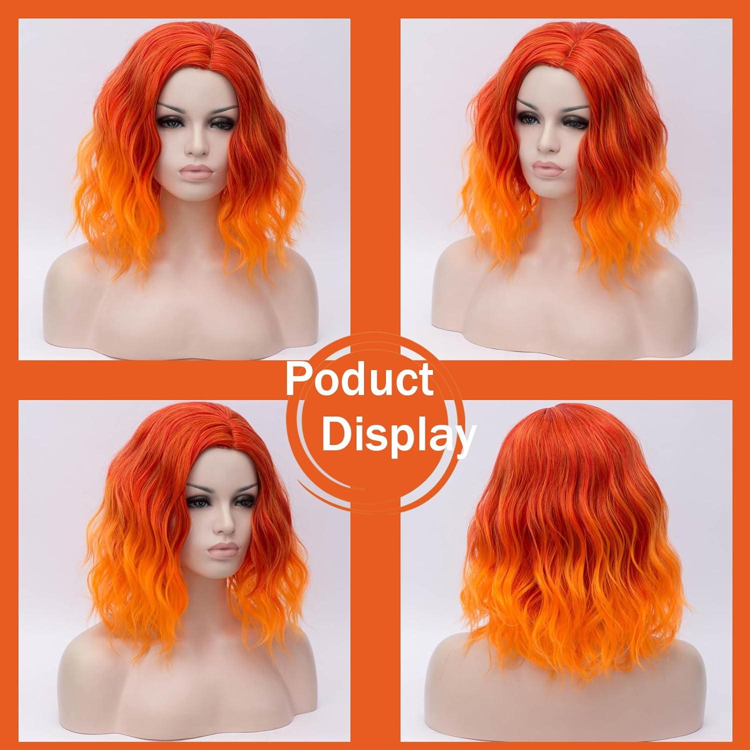 BUFASHION 14" Women Short Light Pink Kinky Straight Cosplay Synthetic Wigs With Air Bangs 46 Colors Available (Orange) - Image 3