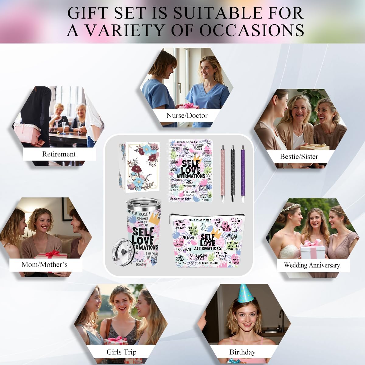 Positive Affirmations Self Love Mental Health Gifts Inspirational Gifts for Women Wife Sister Grandma Birthday Appreciation Anniversary, 20oz Tumbler Makeup Bag Ballpoint Pen Notebook 6PCS - Image 6