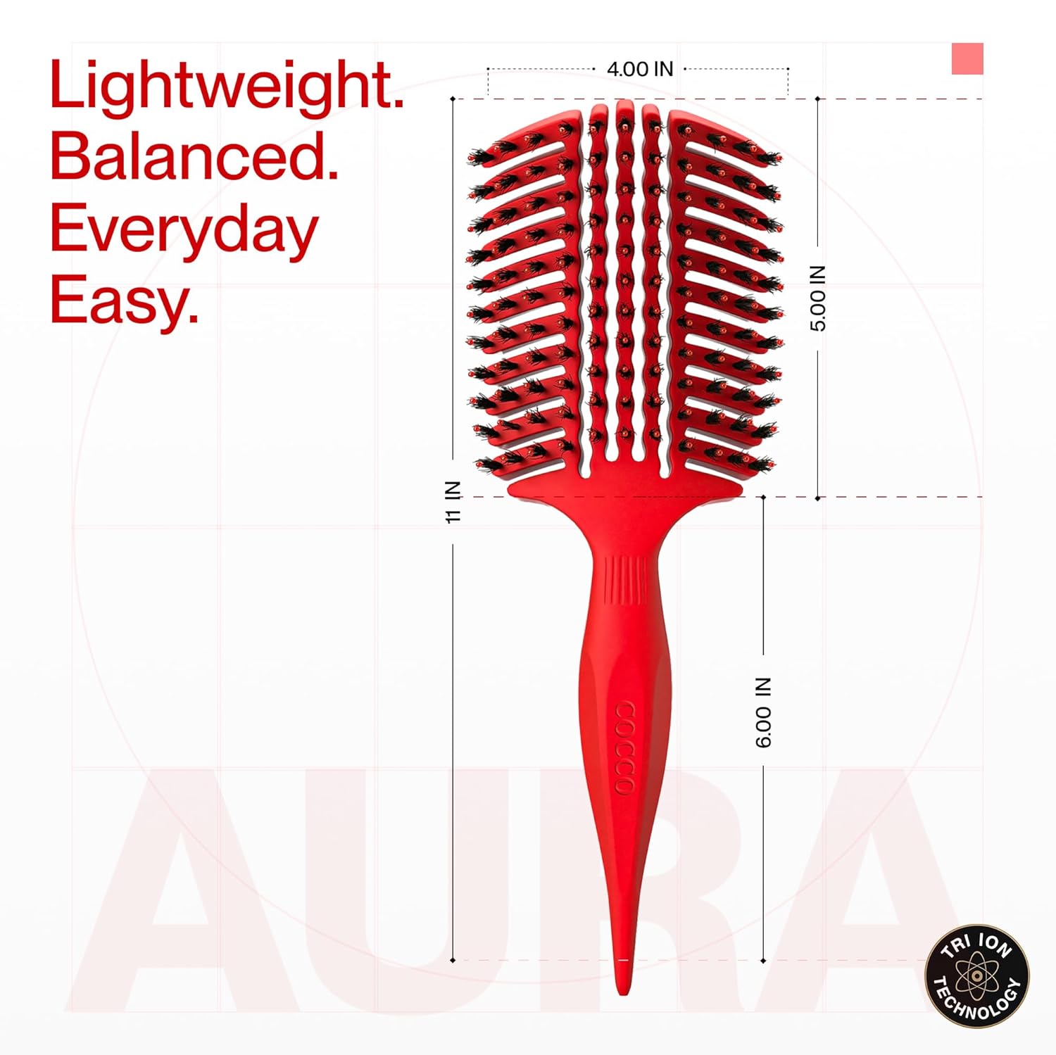 COCCO Aura Vent Boar Brush | Vented Dual-Curved Design for Faster Drying, Effortless Detangling & Shine, Boar + Nylon Bristles, Ergonomic Comfort Handle for Wet & Dry Hair Styling - Red - Image 3