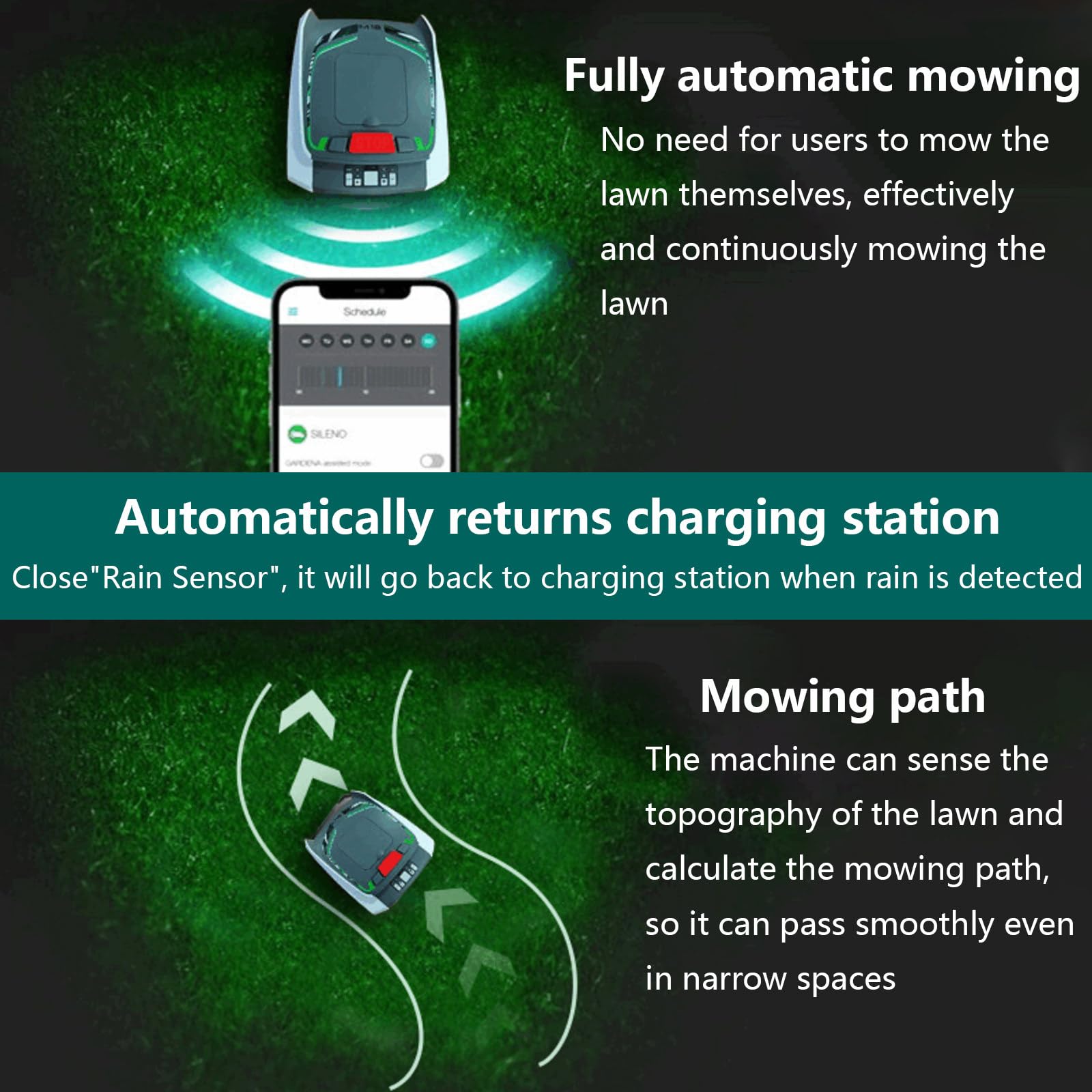 Cortadora de césped robótica Cortadora de césped automática, con Carga automática, Cable delimitador, gestión multizona para Jardines pequeños y medianos