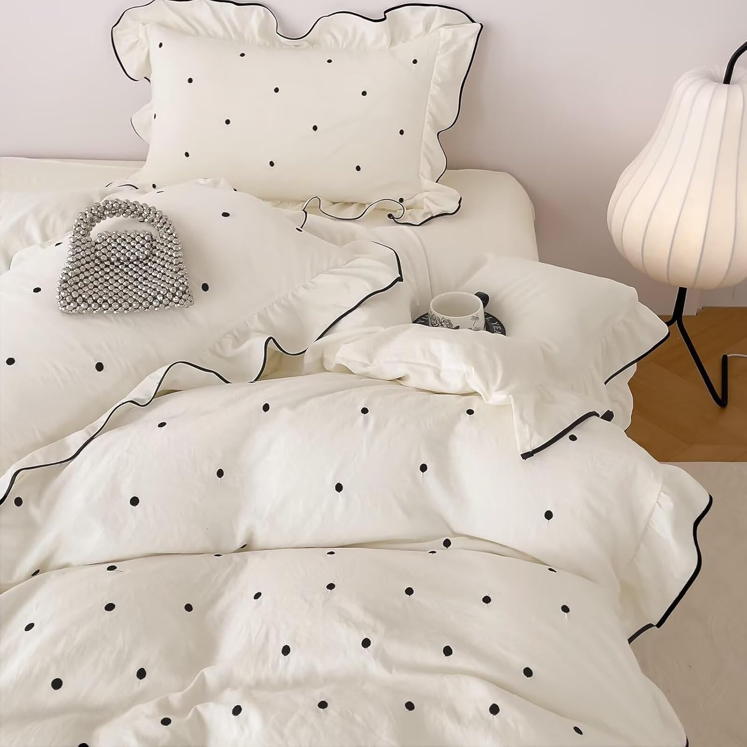 Queen Size Polka Dot Duvet Cover Beige 3 Pcs(1 Duvet Cover with 2 Pillowcases),Soft Brushed Washed All Seasons Comforter Covers with Ruffles,Queen Bedding Set for Teen Girls 90"×90"
