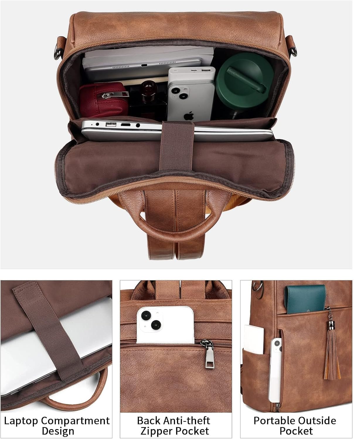 FADEON Leather Laptop Backpack for Women Designer 15.6 inch PU Laptop Bag, Ladies Travel Computer Work Backpack Brown - Image 4