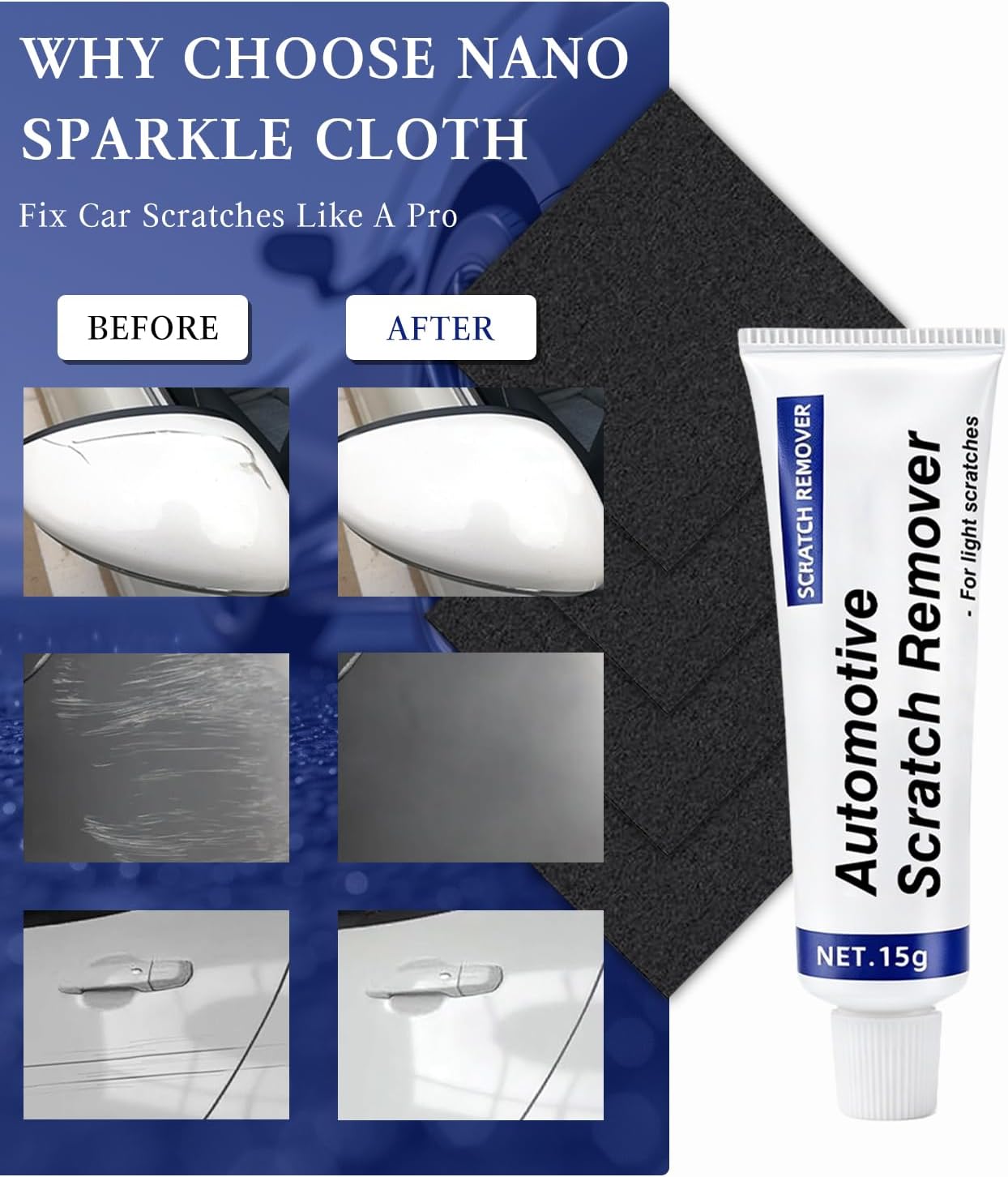 Nano Sparkle Cloth Car Scratch Remover, Nanosparkle Cloth for Car Scratches, Nanowipe Cloth For Car Scratches, Safe on All Vehicle Colors, Removes Water Spots & Swirl Marks & Scratches, 4-Pack (Black)