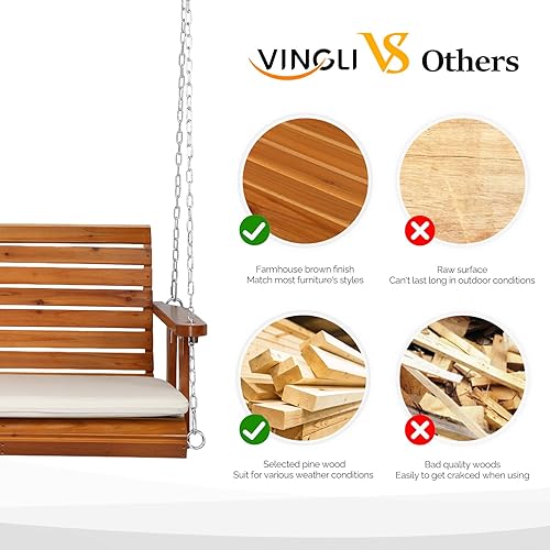 Miniatura 4 de VINGLI Columpio de madera resistente de 880 libras para porche al aire libre con cojín adicional, columpio de banco colgante de granja con cadenas
