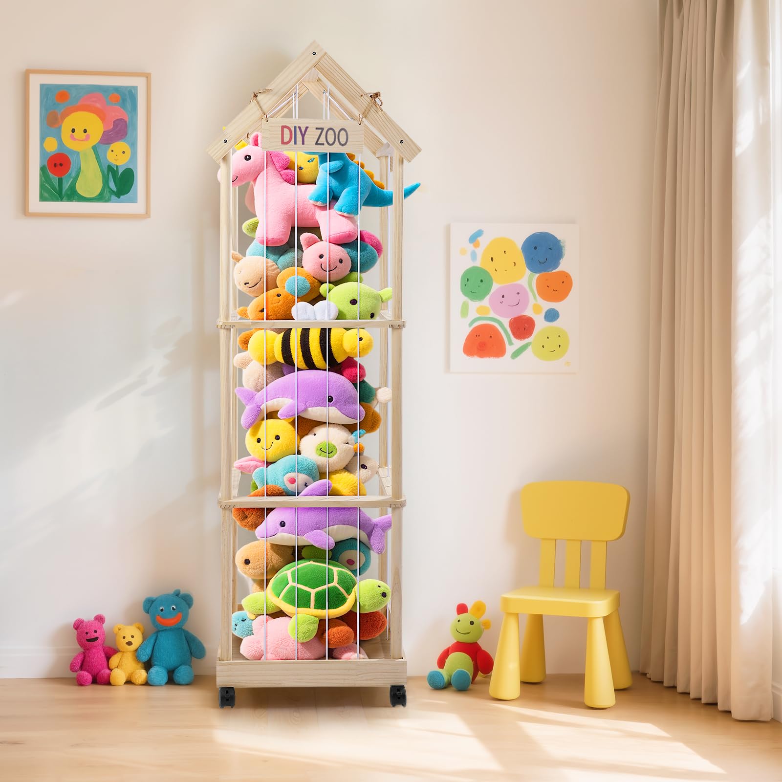 Contenitore per Animali di Peluche, 146*47*35cm Contenitore per Giocattoli Morbidi in Legno Massello con Ruote Girevoli Bloccabili a 360°, Contenitore per Giocattoli di Peluche per Camerette, Soggio